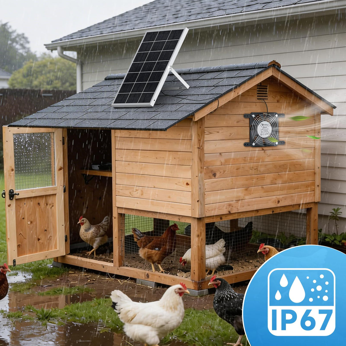 25W Solar Fan for Chicken Coop with Thermostat, Adapter, Metal Solar Powered Exhaust Fan Brushless Motor, MPPT Controller Dual Power Auto-Switch, 24/7 Operation, Dog House, Small Shed Greenhouse