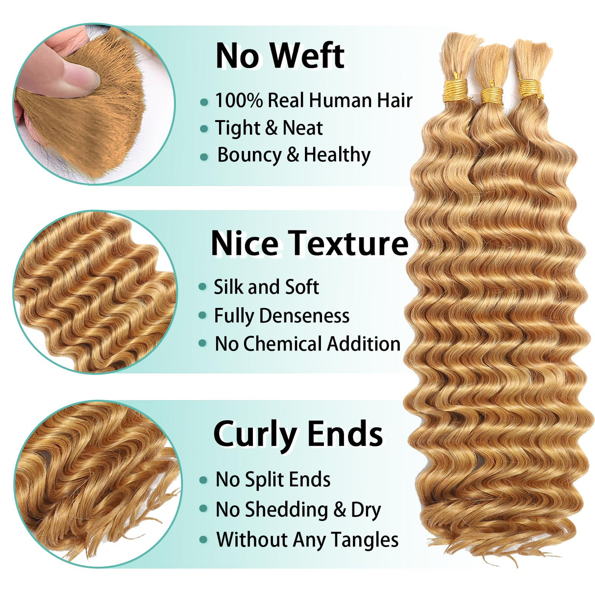 Human Braiding Hair for Boho Braids Human Hair 110g 20 Inch Curly Boho Hair for Braiding Knotless 12A Deep Wave Bohemian 3 Bundles/Pack Caramel Honey Blonde