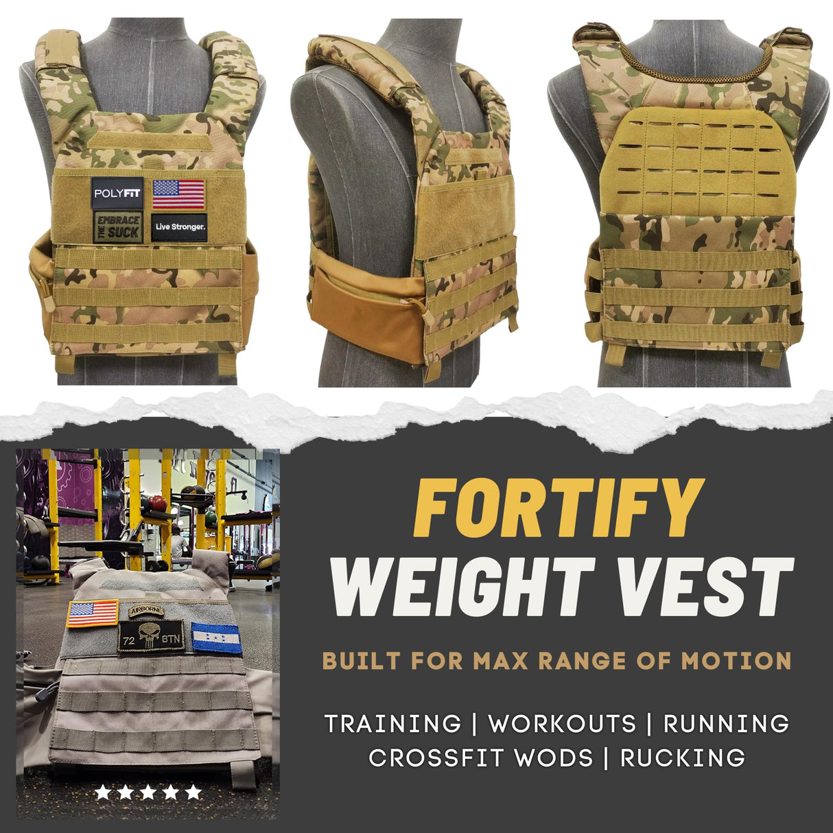 Polyfit (Fortify) Weighted Vest for Strength and Endurance Training, Fitness Workouts, Running, WODs - CAMO