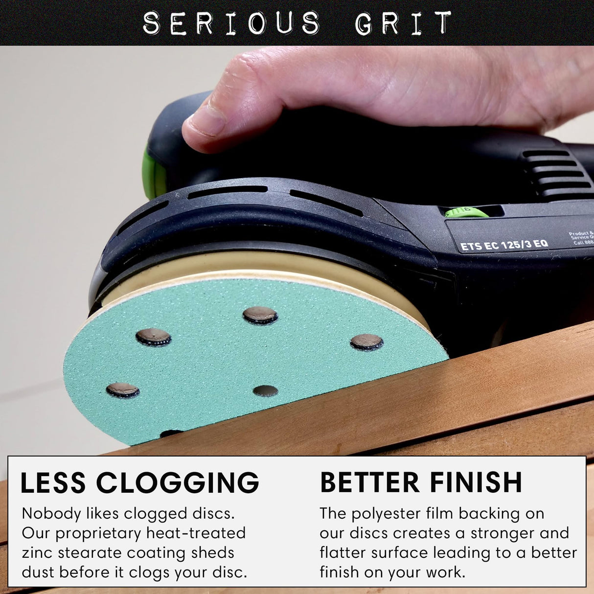 Serious Grit - 5-Inch 9-Hole 150 Grit Sanding Discs - Heavy-Duty Hook & Loop Film Discs - Sandpaper for Random Orbital Sanders - 50 Pack Box