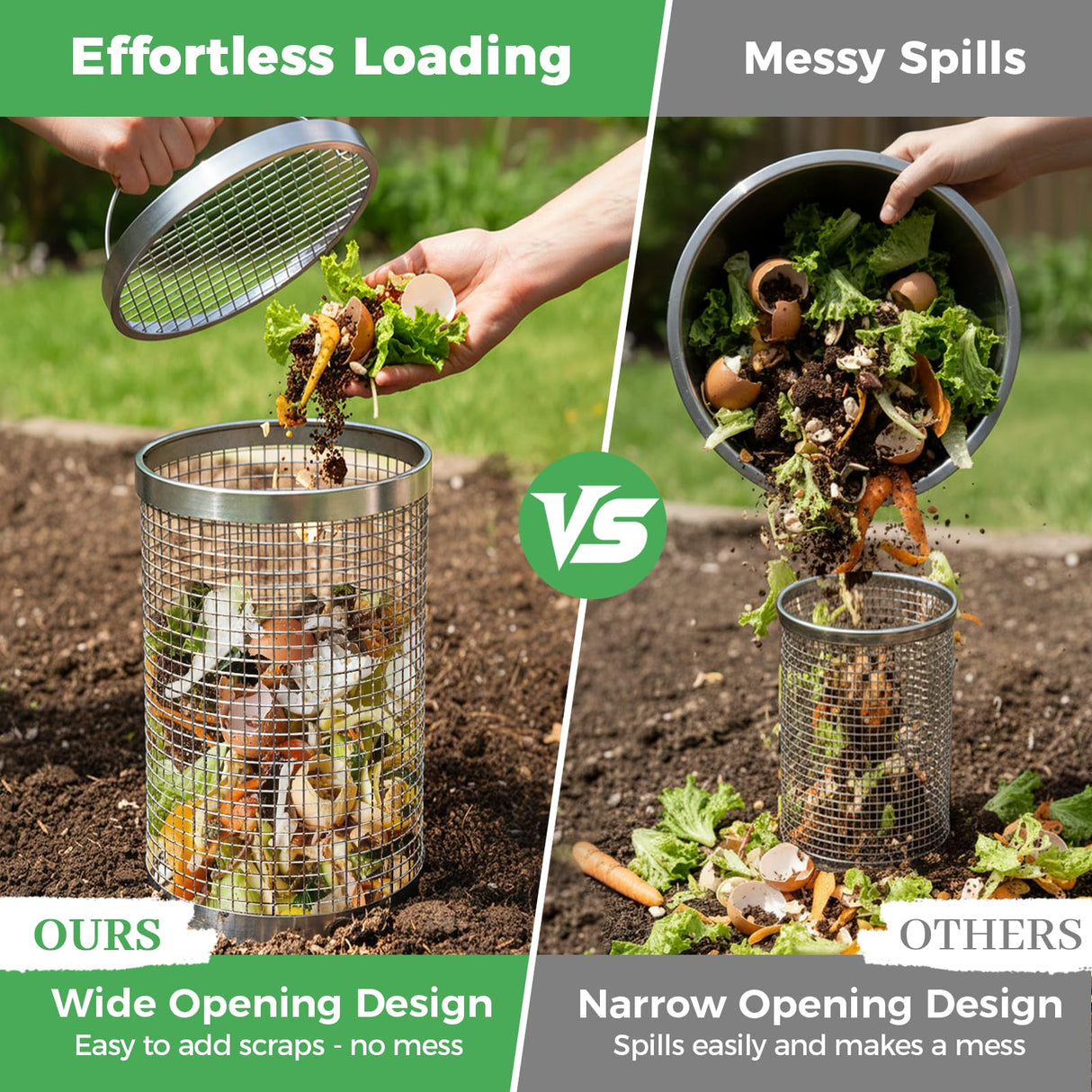2 Pack Worm Composter Worm Bin, Stainless Steel Inground Compost Bin with Handle, Metal Worm Composting System for Kitchen Food Waste Recycling, Outdoor Garden Vermicomposting Bin w/Lid, Easy Install