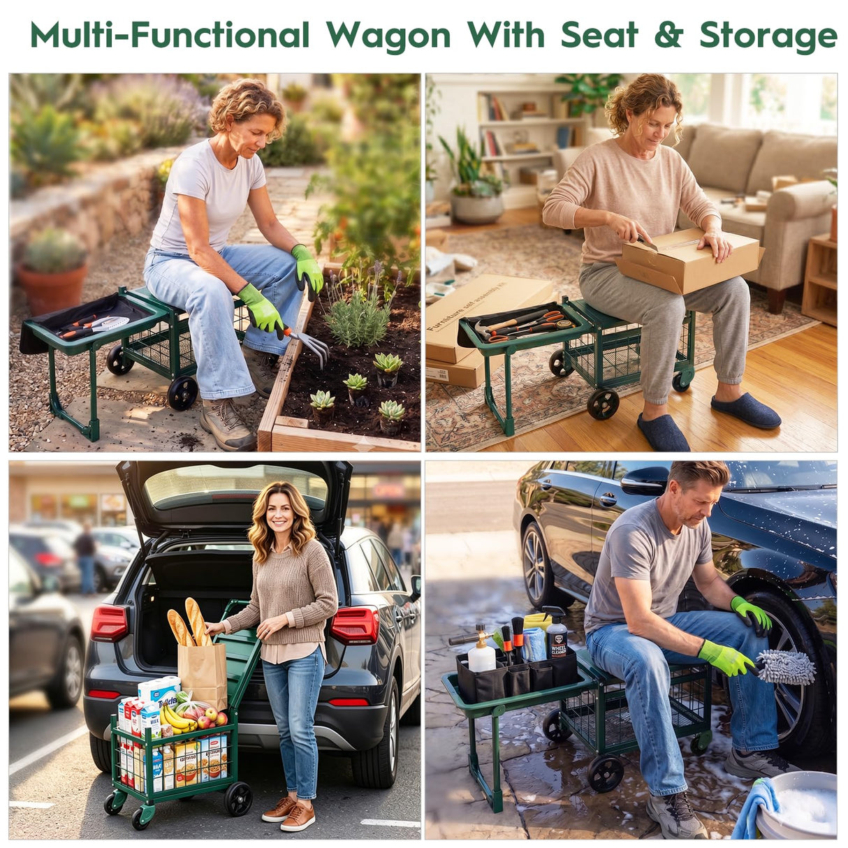 Rolling Garden Cart with Seat, Metal Garden Work Seat with 360° Swivel Wheels, Storage Basket, Workbench, and Tool Bag, Upgraded Heavy Duty Gardening Wagon and Stool for Seniors