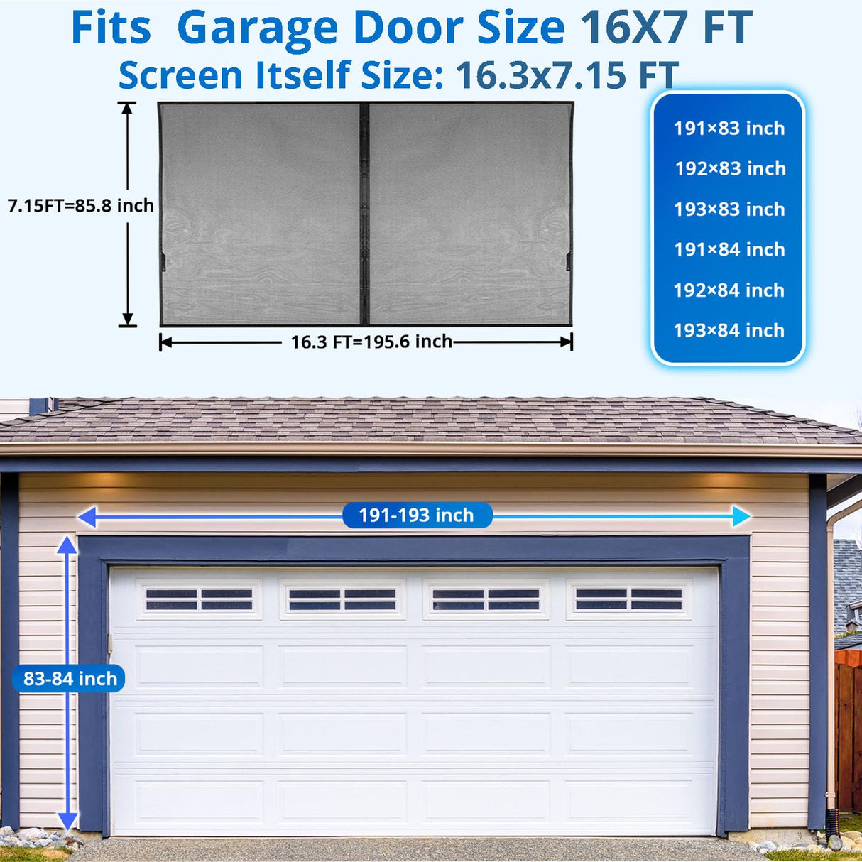 FEGO Garage Door Screen 16x7FT, Magnetic Screen Door with Retractable Fiberglass Mesh and Heavy Duty Weighted Bottom, Easy Assembly&Pass, Hands Free w/ 40 Magnets for 2 Car Garage/Patio/Small Shop