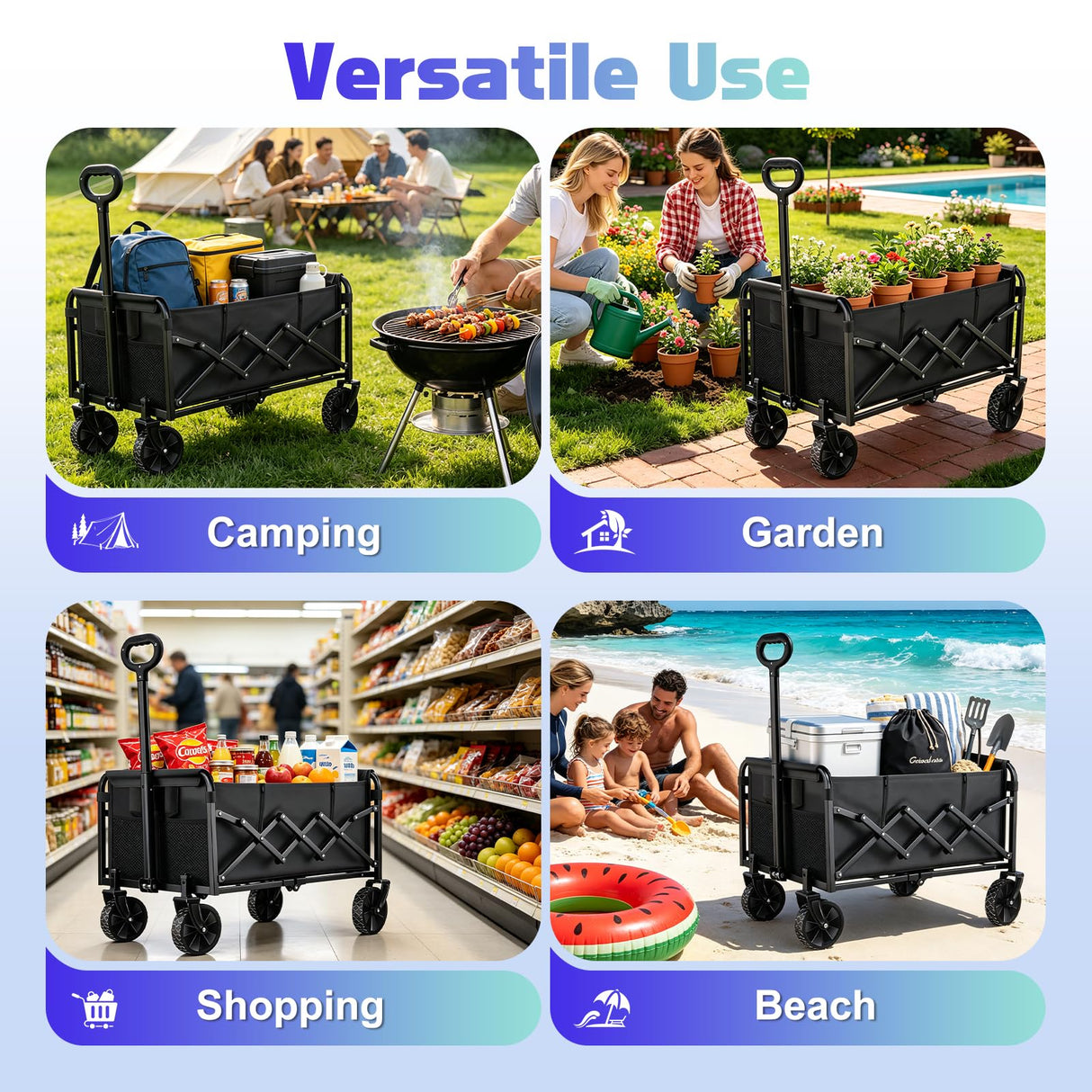 500LBS Heavy Duty Collapsible Wagon Cart with 360ยฐSwivel Break for Beach