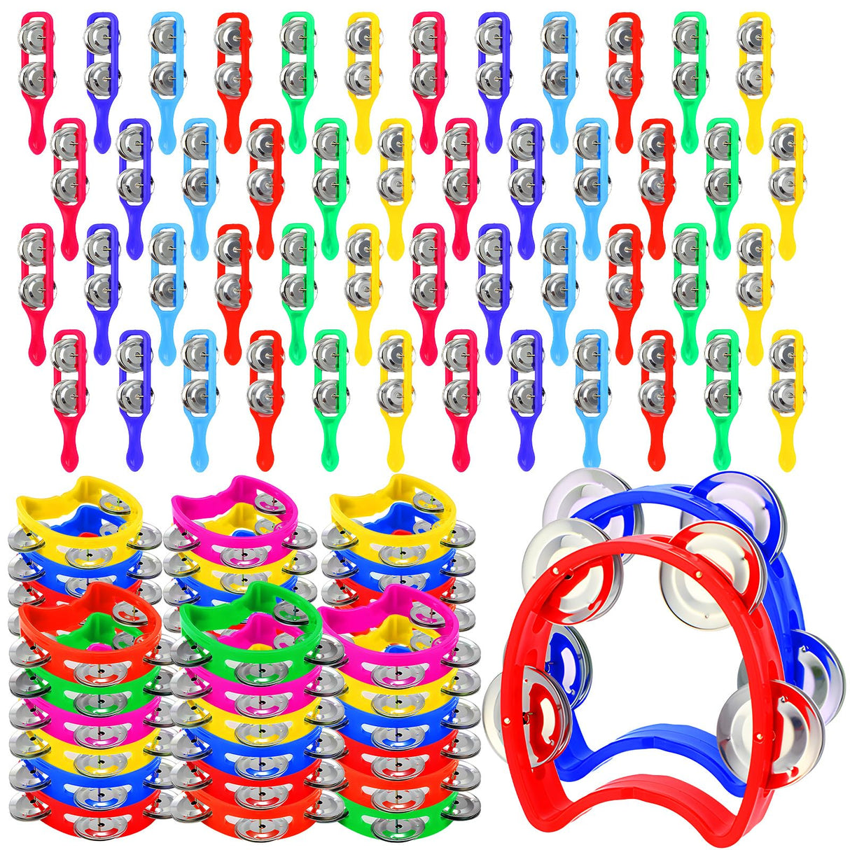 Lukmaa 72 Pcs Christmas Tambourines Bulk, 36 Plastic Hand Bells 36 Cymbals Musical Toy Instruments for Church Sunday School, Education Activities, Christian Charity Donation(Round)