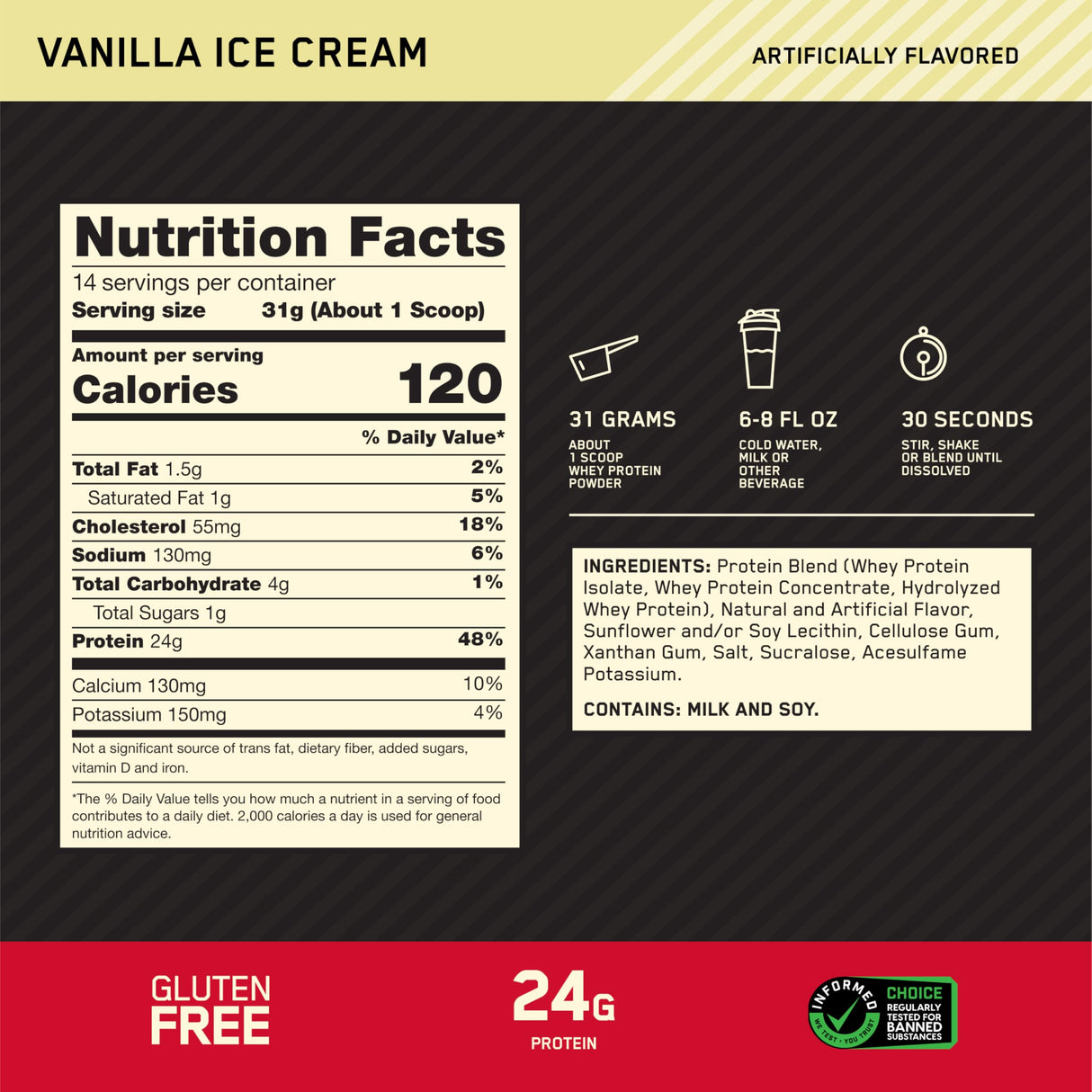 Optimum Nutrition Gold Standard 100% Whey Protein Powder, Vanilla Ice Cream, 1 Pound (Pack of 1)