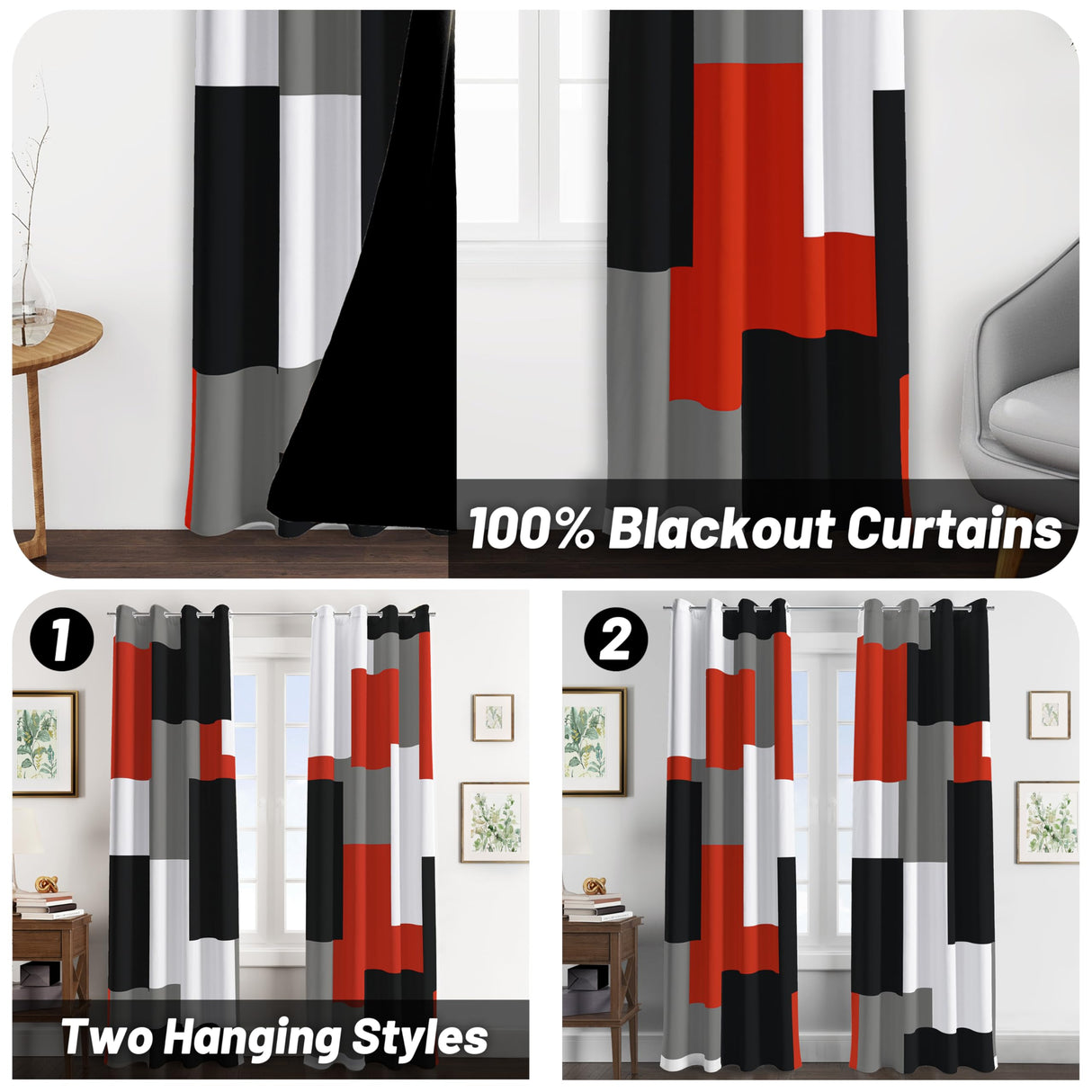 Tyrot Red Black 100% Blackout Curtains for Bedroom 84 inch Long 2 Panels Set Modern Abstract Geometric Black Out Living Room Curtains Christmas Red Thermal Room Darkening Window Drapes, 52Wx84L