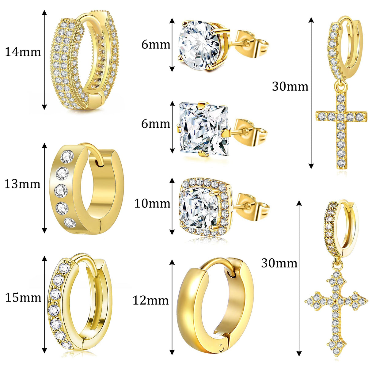 FEYIR 9 Pairs Earrings for Men Stainless Steel Small Hoop Earrings Hypoallergenic CZ Cross Dangle Earrings Cubic Zirconia Stud Earrings Huggie Men's Earrings Set