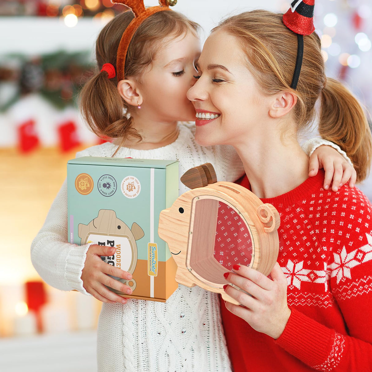 Summidate Wooden Piggy Bank for Kids Large Money Bank for Boys Girls,Cute Unbreakable Wood Money Box, Creative Saving Money Jar Personalized Gifts for Child Birthday Christmas & Decor