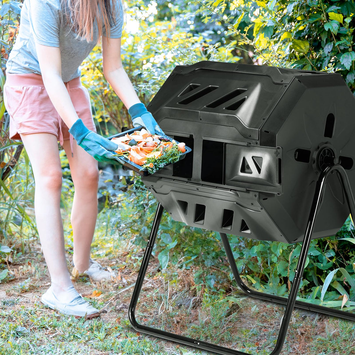 Outvita Compost Bin Outdoor, 43 Gallon Dual Chamber Tumbling or Rotating Composting Bin with Sliding Doors, Tumbler Rotating Batch Composter Bin for Garden Kitchen Yard