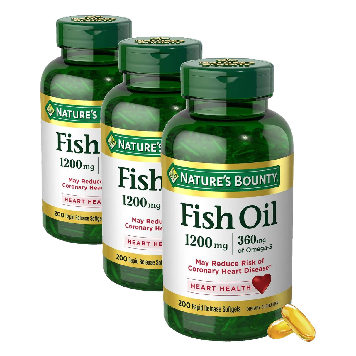 Nature's Bounty Fish Oil Omega 3 Supplements - Supports Heart Health,1200 Mg Fish Oil,Omega-3,200 Softgels,(Pack of 3)