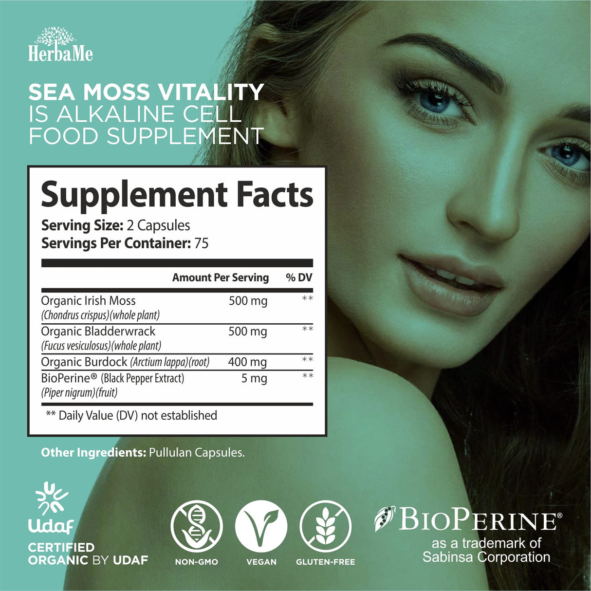 HerbaMe Organic Irish Sea Moss with Bladderwrack, Burdock Root & Black Pepper Extract, 150 Capsules, Thyroid Support, Natural Iodine Source, Promotes Immune System, Cell Food, Alkaline Supplement