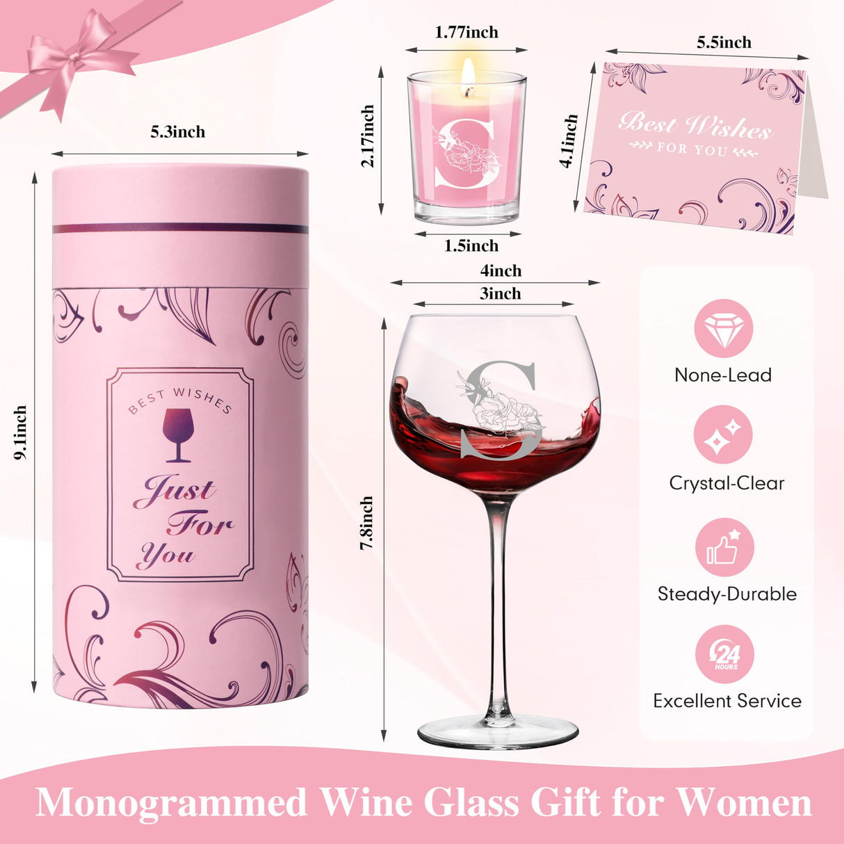 Personalized Gifts for Women - Customized Initial A-Z Wine Glass, Unique Birthday Gifts for Women, Christmas Basket Gift for Her, Mom, Wife, Sister, Friend, Nurse(S)