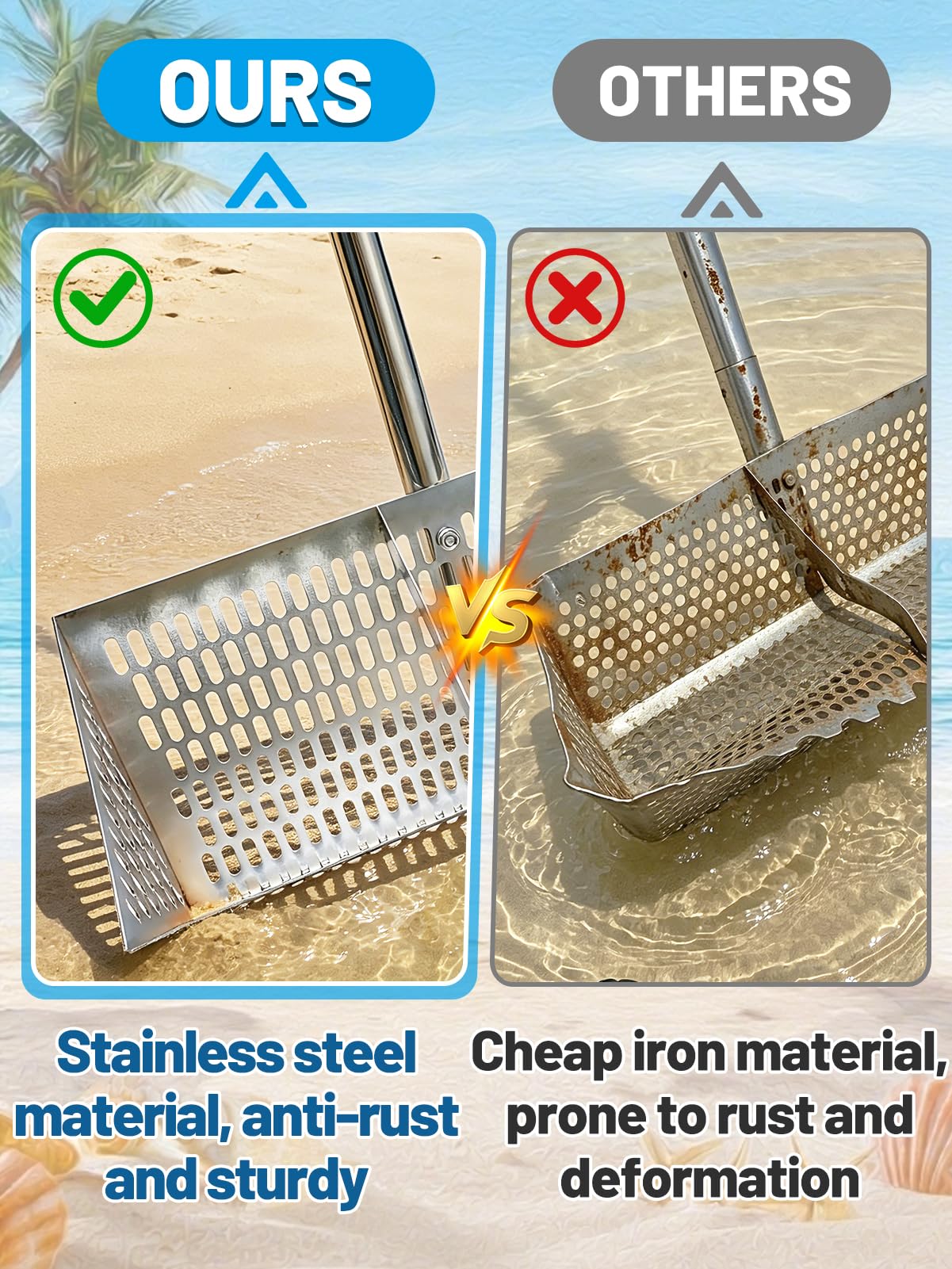 69in Effortless Sand Flea Rake - Stainless Steel Shark Tooth Sifter with Bucket, Sands Sifter Shelling Tools for Beach Metal Detecting Beachcombing