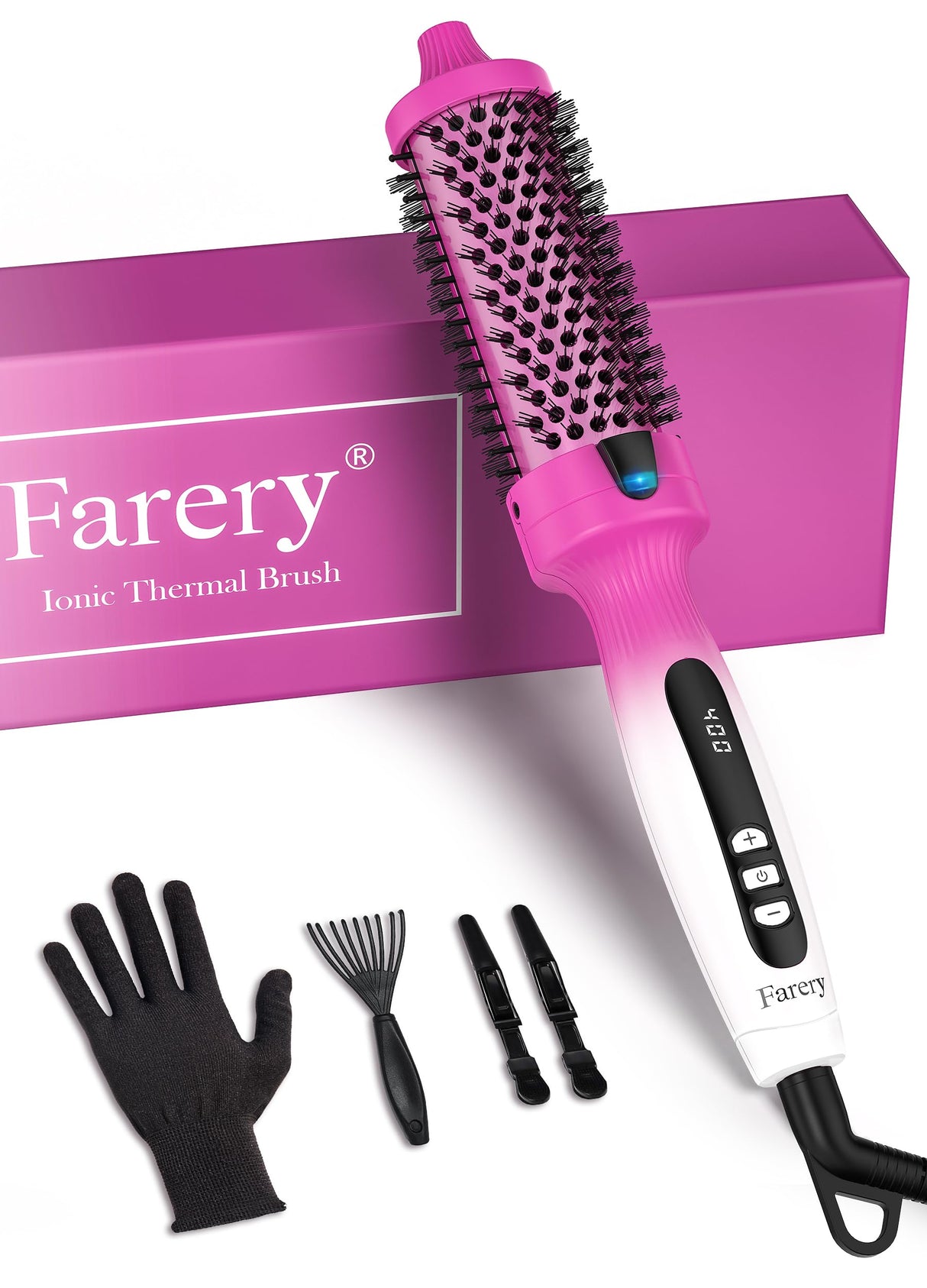Farery 1.5-Inch Thermal Brush - Ceramic Ionic Heated Round Brush for 90's Full-Bodied Style, Volumizing, Smooth Hair & Natural Curls, Dual MCH Heating, Digital Display, 9 Temperature, Dual Voltage