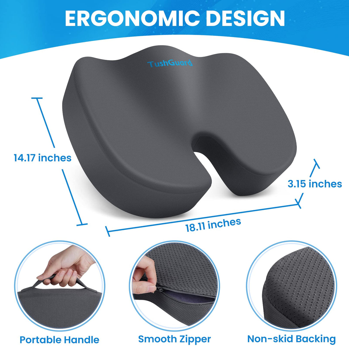 TushGuard Seat Cushion, Office Chair Cushions, Car Seat Cushion, Non-Slip Relief Chair Pad, Memory Foam Butt Pillow for Computer Desk, Office Chair, Grey