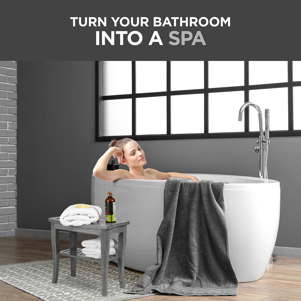 Bamboo Shower Bench - Small Shower Stool with Storage Shelf, Non-Slip Shower Seat, Bathroom Bench, Spa Decor Wooden Shower Bench, Foot Rest Shaving Stool for Shower, Indoor/Outdoor Use, Grey