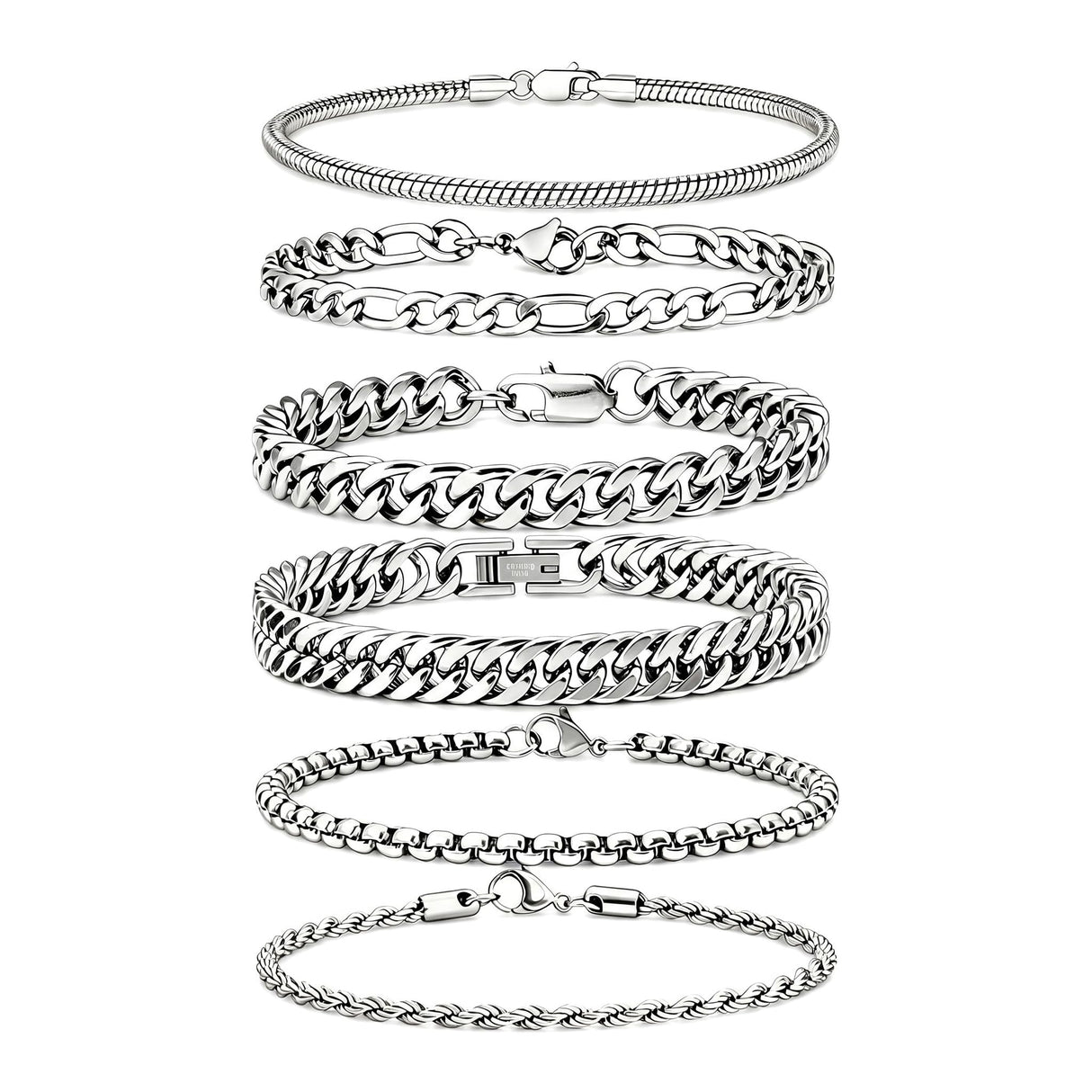 Mosflor 6 Pcs Silver Bracelets for Men, Cuban Link Chain Bracelet Stack Mens Stainless Steel Metal Rope Bracelet Set 8.3 Inches Mens Fashion Accessories Jewelry Non Tarnish for Men Dad Him Husband Son