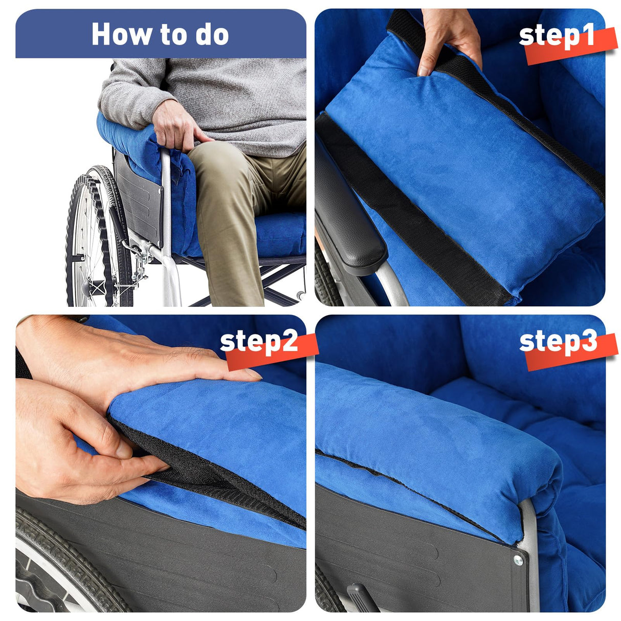 Trendcode Wheelchair Cushions,Pressure Pain Relief Accessories with Armrest Covers. Supports Coccyx & Back, Non-Slip. Fits 18" Wheelchair with Full Arms, Blue.
