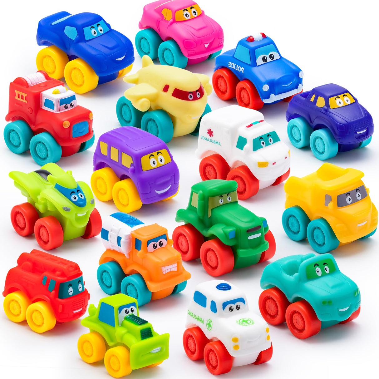 JOYIN Cartoon Cars, Soft Rubber Toy Car Set, Mini Vehicles, Bath Toy Car for Toddlers, Christmas Great Gift for Boys and Girls, Summer Beach and Pool Activity, Party Favors for Kids