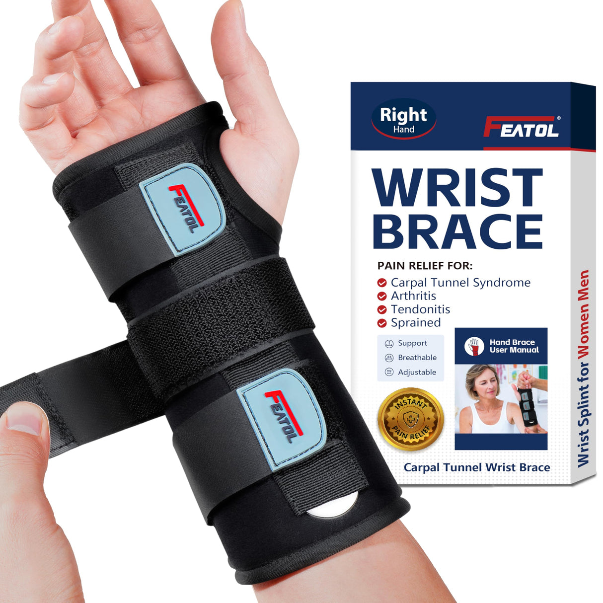 FEATOL Wrist Brace, FSA HSA Eligible Hand Brace, Carpal Tunnel Wrist Splint Night Support for Women Men, Pain Relief Support -Tendonitis, Arthritis, Sprain, Right Hand, Small/Medium