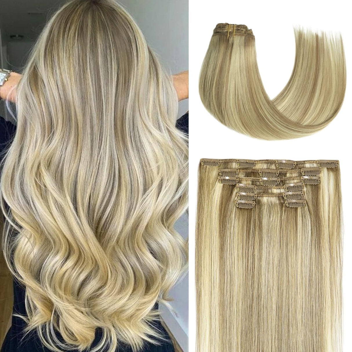 Honsoo Clip In Virgin Hair Extensions 18inch 70g 7pcs Mixed Bleach Blonde Real Human Hair Extensions Balayage Straight Silky Real Human Hair