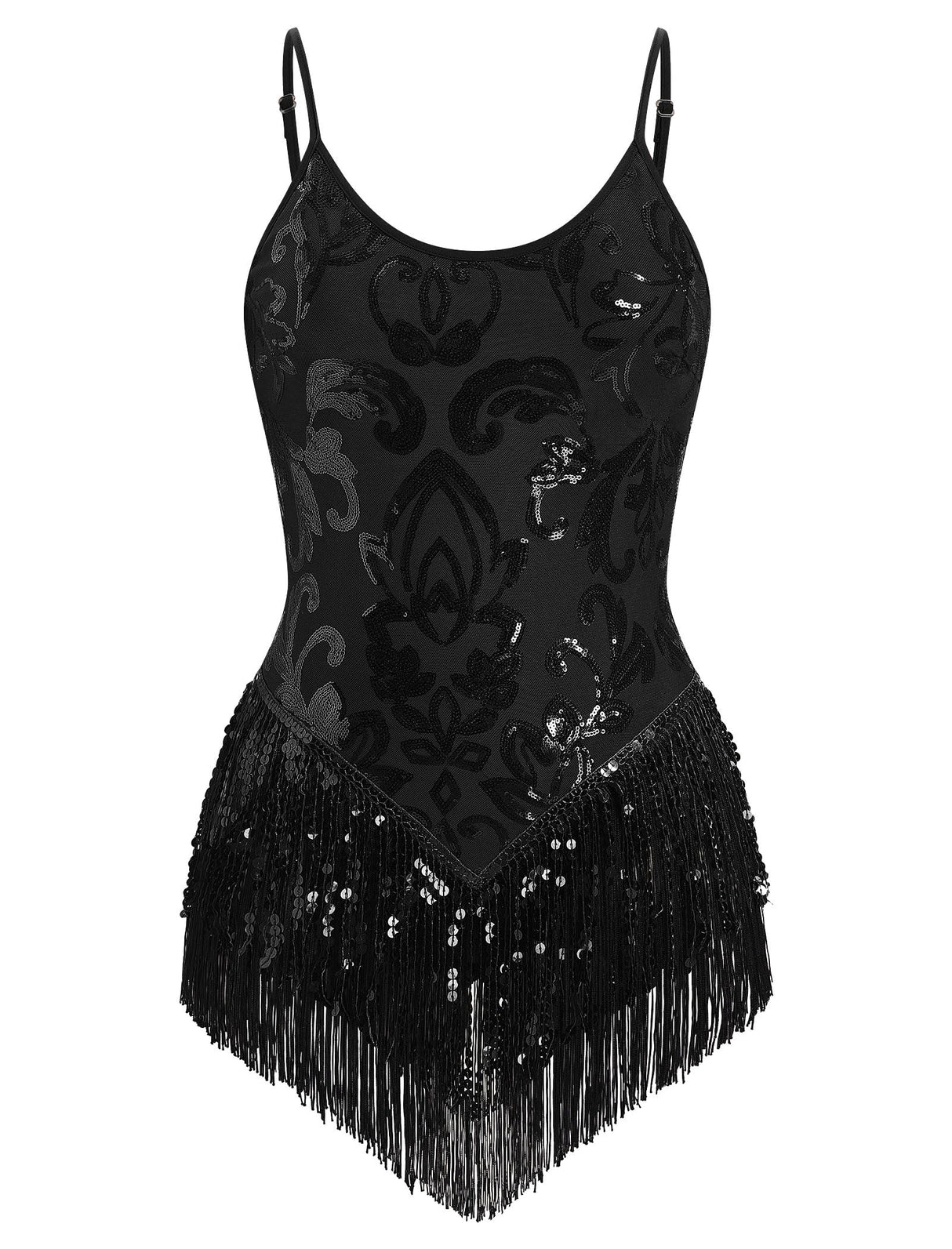 IBAKOM Women Sexy Shiny Sequins Fringe Bodysuit Sparkly Tassel Latin Jazz Dance Acrobat Costume Adult Circus Trapeze Artist Dancing Queen Rave Outfits Glitter Christmas Dance Leotard Black M