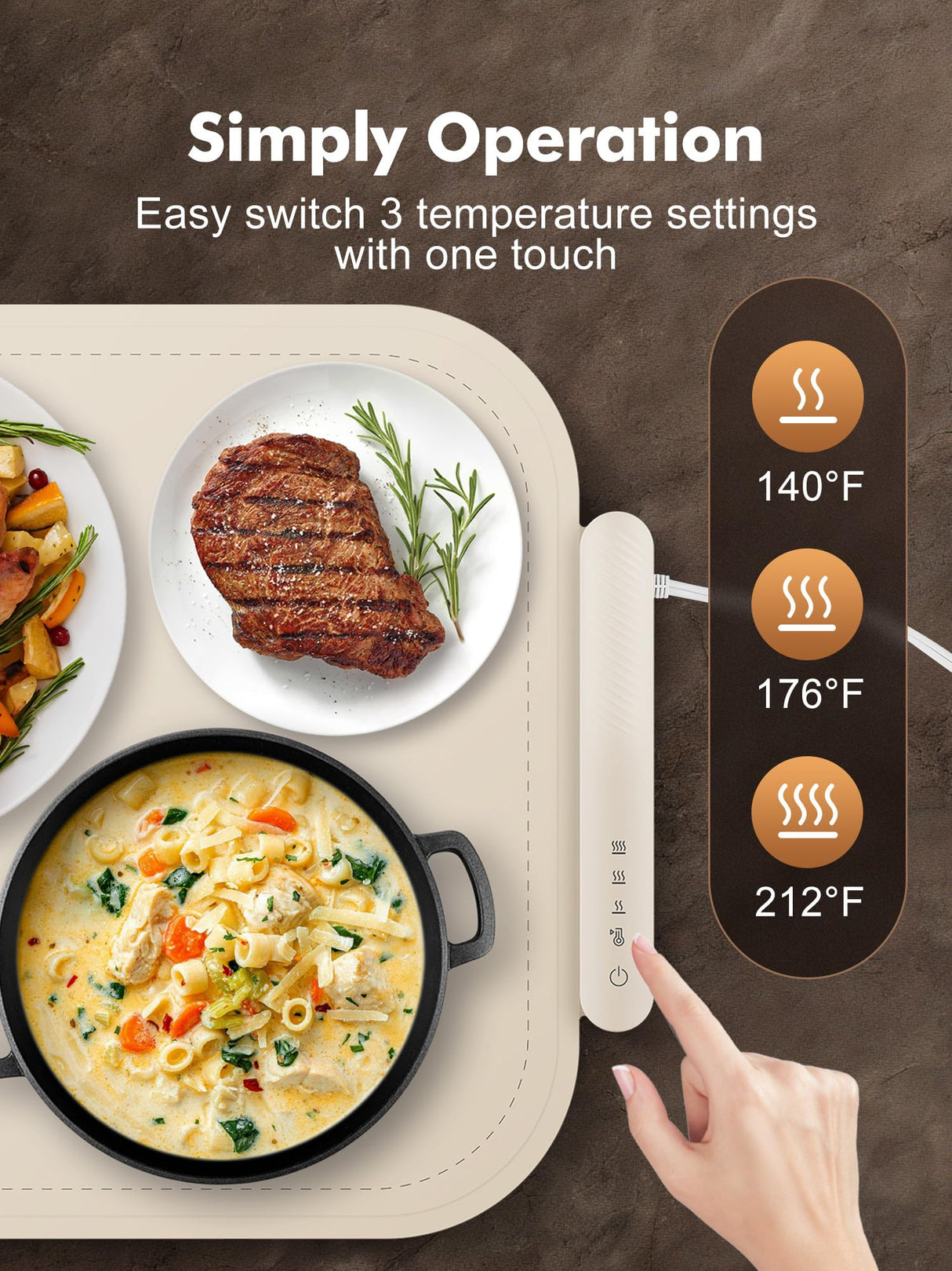 Food Warming Mat, Food Warming Tray with 3 Adjustable Temperature, Full Surface Heating Electric Warming Tray with Auto Shut-Off, Food Grade Silicone Food Warmers for Parties Buffet Countertop (Beige)