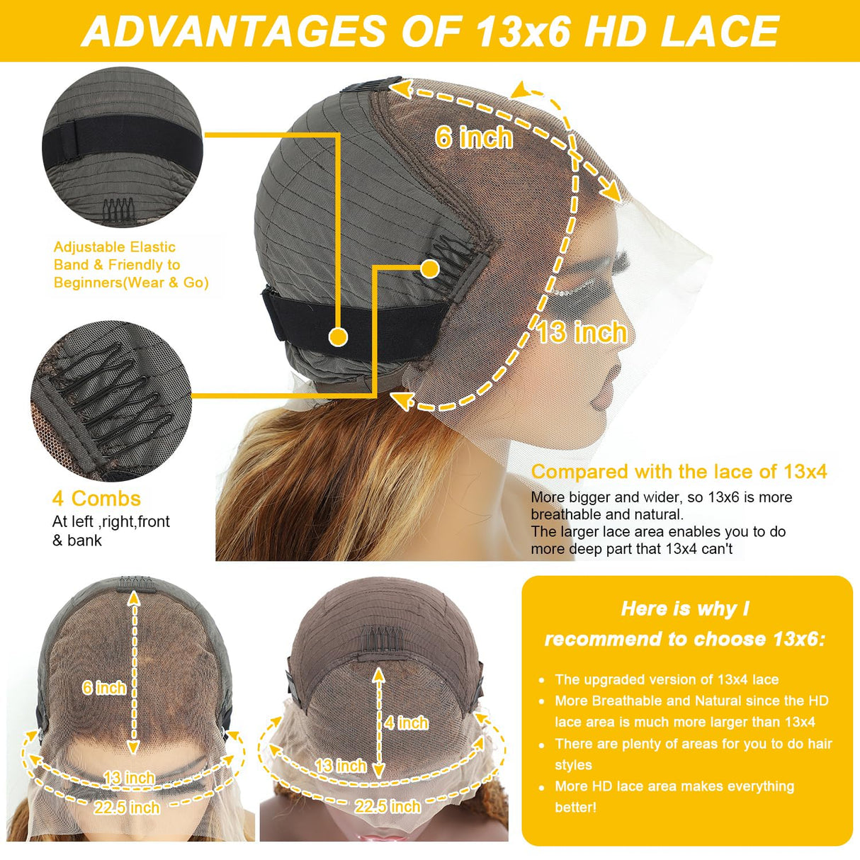 Honey Blonde Lace Front Wig - Human Hair, 13x6 HD Body Wave Highlight Ombre Lace Frontal Wig, Pre Plucked With Baby Hair, 180% Density, Glueless, 30inch