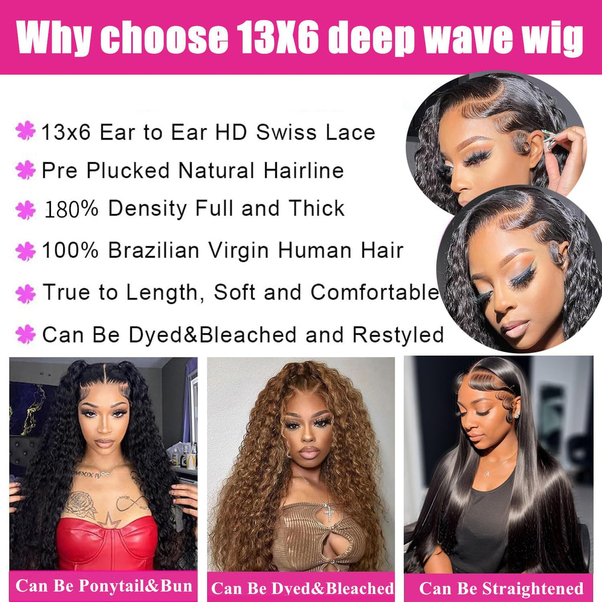 GCTGCT 32 Inch 13x6 Deep Wave Lace Front Wigs Human Hair Pre Plucked 13x6 HD Transparent Lace Frontal Wigs for Women Deep Curly Human Hair Lace Front Wigs with Baby Hair 180% Density Natural Black 