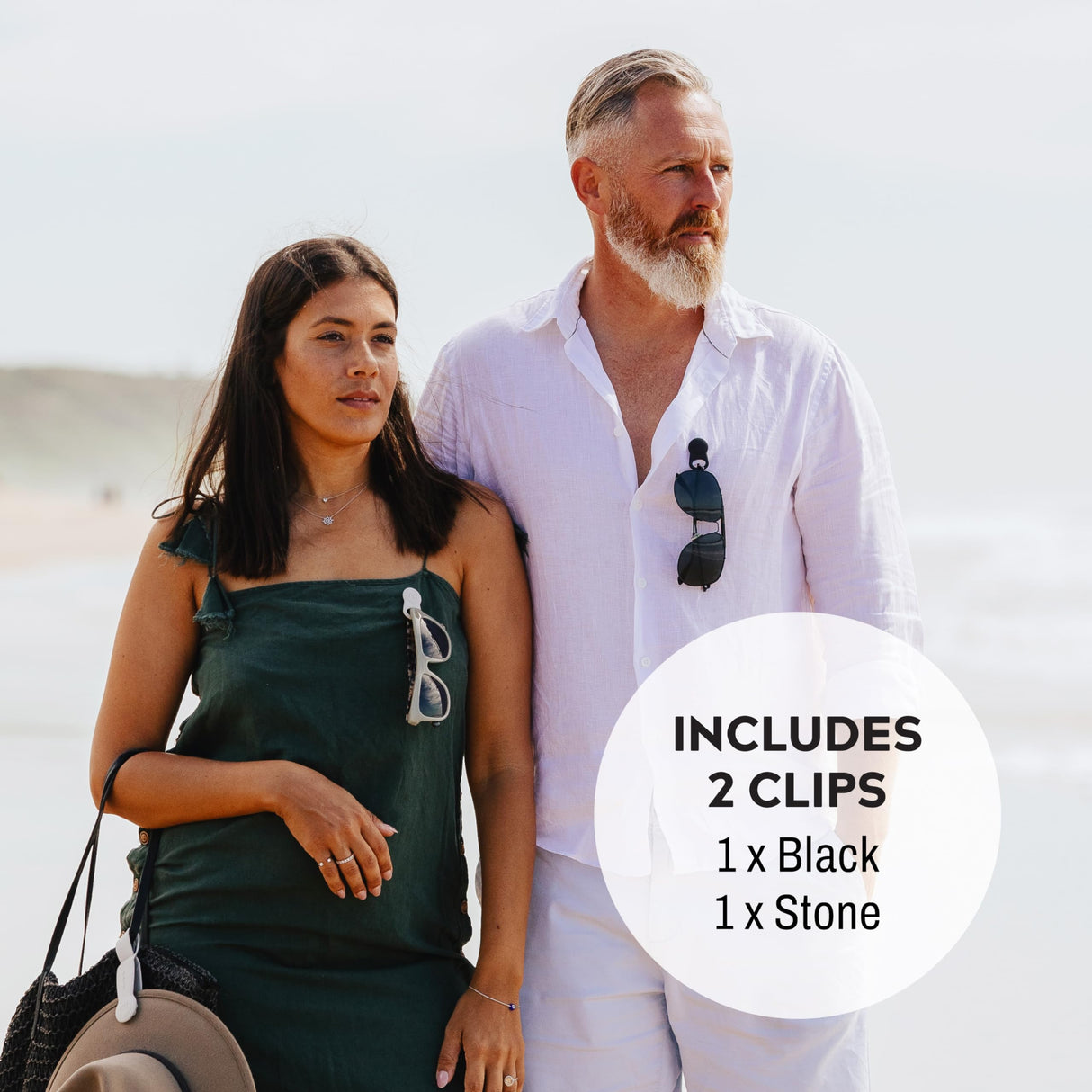 KLIPSTA SPEX Glasses Clips (Black+Stone 2-pack) - Perfect Holiday Gift & Christmas Stocking Stuffer - Magnetic Glasses Holder for Clothes, Eyewear Strap Alternative, ID Badge Holder