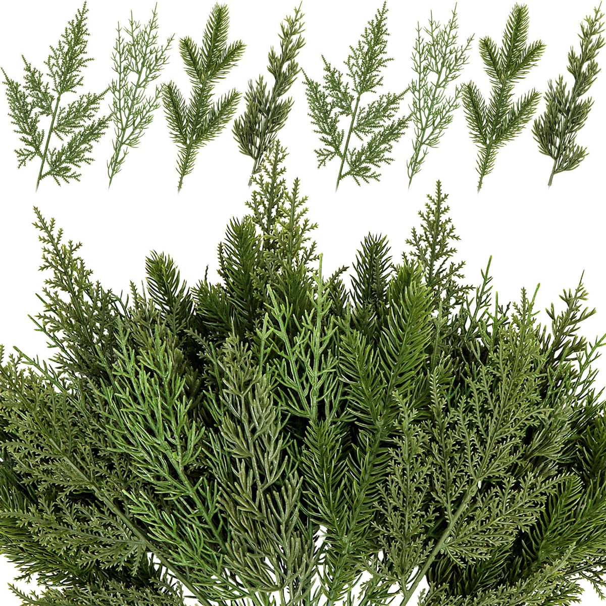 40 Pcs Artificial Pine Branches Assorted Faux Pine Stems Cedar Leaves Needle Sprigs Plastic Fake Christmas Greenery Pine Picks for Xmas Tree Wreaths Garlands DIY Accessories Home Decor (40, Green)