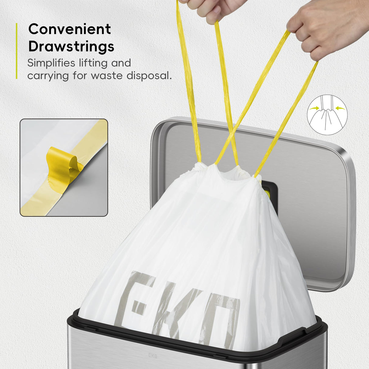 EKO Extra Strong 13 Gallon Large Drawstring Trash Bags, Heavy-Duty Garbage Bags for Kitchen & Household Use (50L), Leak-Resistant, 110 Count, Code F