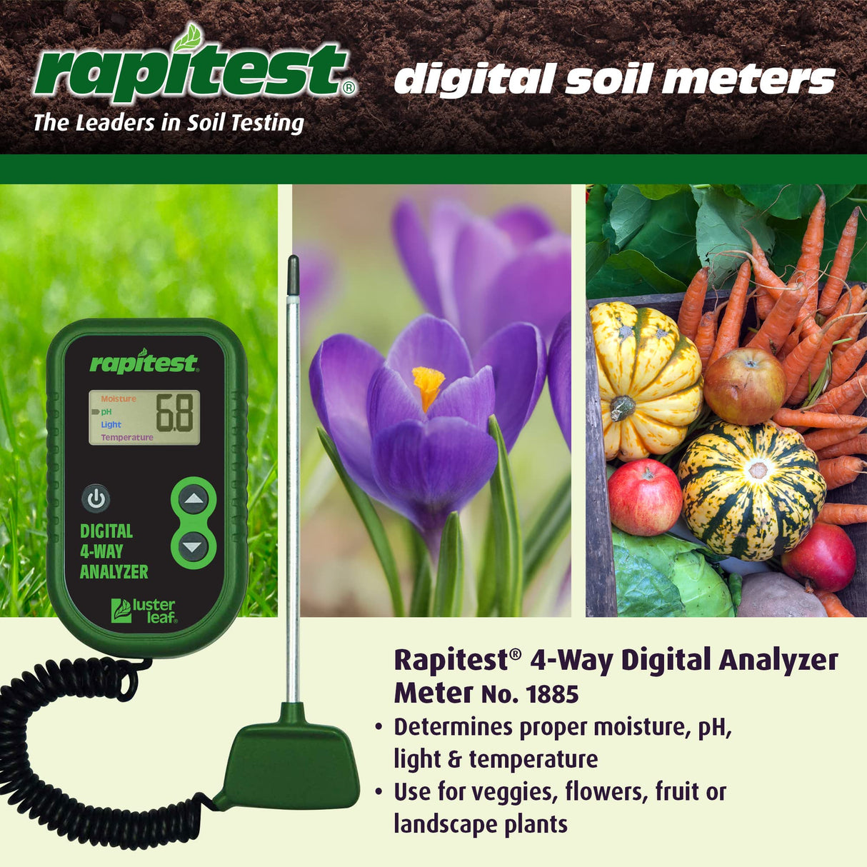 Luster Leaf Rapitest 4-Way Digital Soil Analyzer for pH, Moisture, Temperature, and Light – Designed and Engineered in the USA