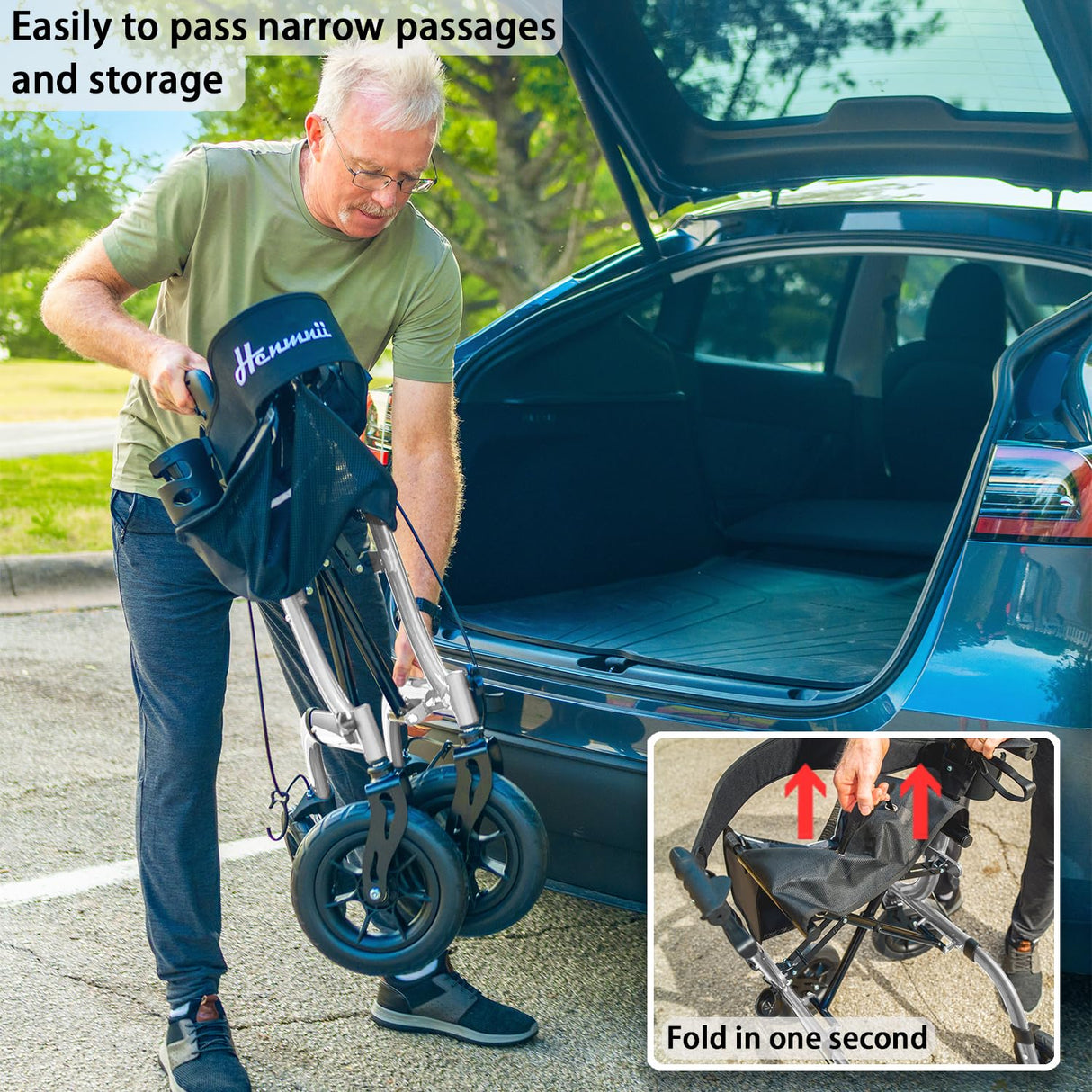 Henmnii Rollator Walker for Seniors, Lightweight Foldable All Terrain Rolling Walker with seat, Aluminum Walkers with 10 inch Rubber Wheels, Handles and Backrest for Seniors and Adult