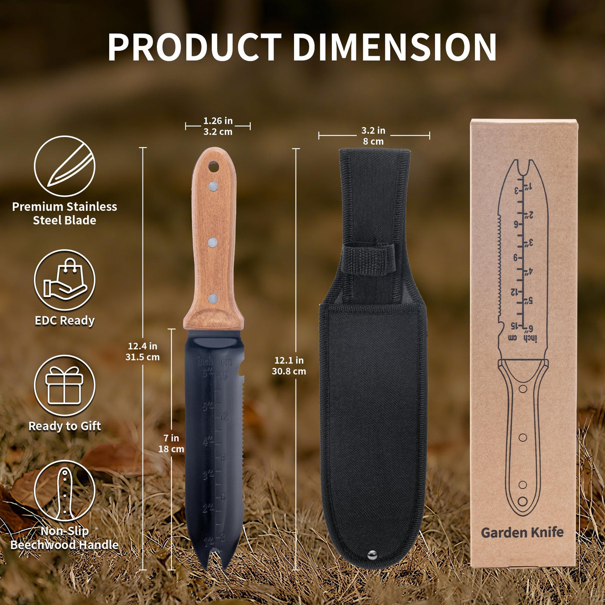 YANG Hori Hori Garden Knife, 7" Stainless Steel Gardening Knife with Oxford Cloth Sheath, Full Tang Beechwood Handle Garden Tool for Dividing Plants & Weeding, Forked Tip for Transplanting