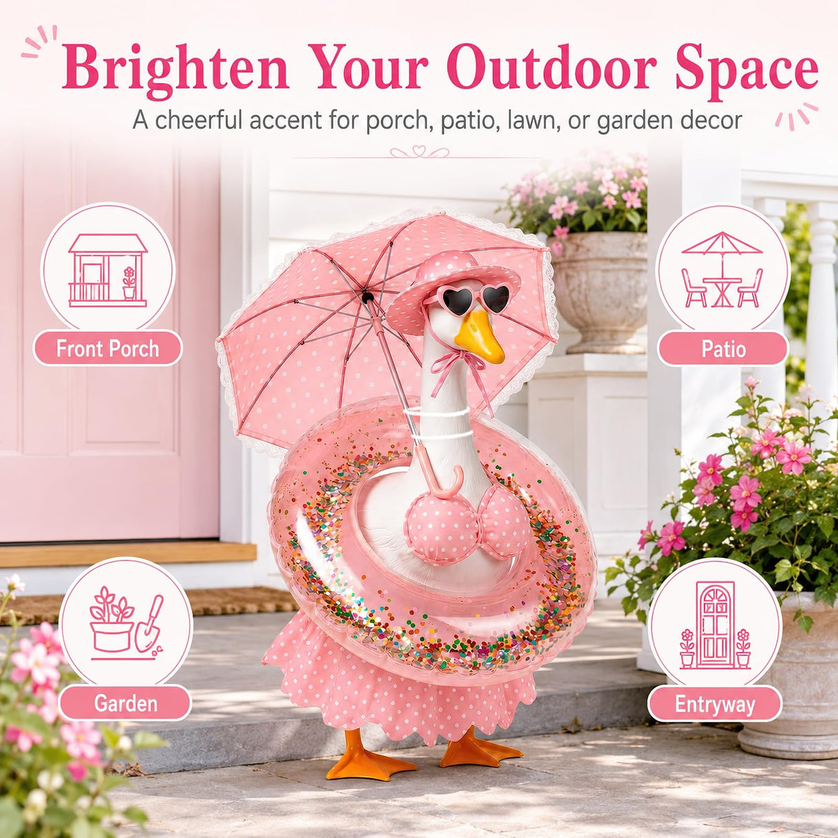 DaGailen Summer Porch Goose Outfits 23 Inch, Pink Polka Dot Porch Goose Bikini Set with Parasol Umbrella, Swim Ring, Sun Hat and Heart Sunglasses, Porch Goose Accessories for Yard Garden Patio Decor