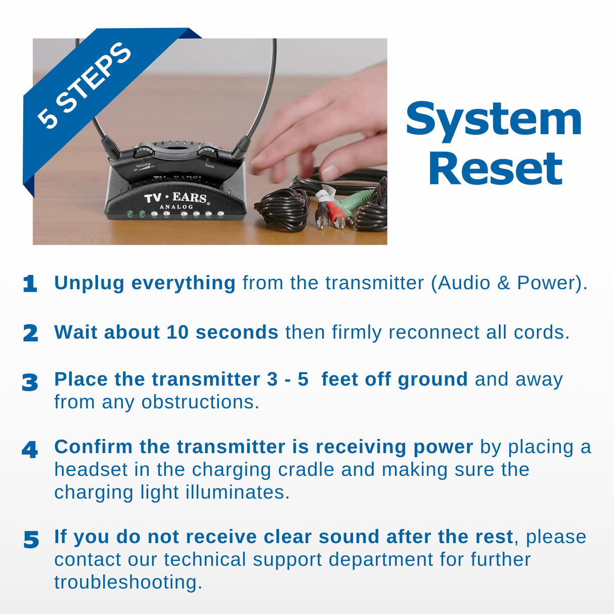 TV EARS Analog Wireless Headset System, Wireless Headset, Ideal for Seniors & those with Hearing Difficulties, Plug N' Play RF Transmitter with Earbuds, Compatible with Analog TV - 5.0GHz