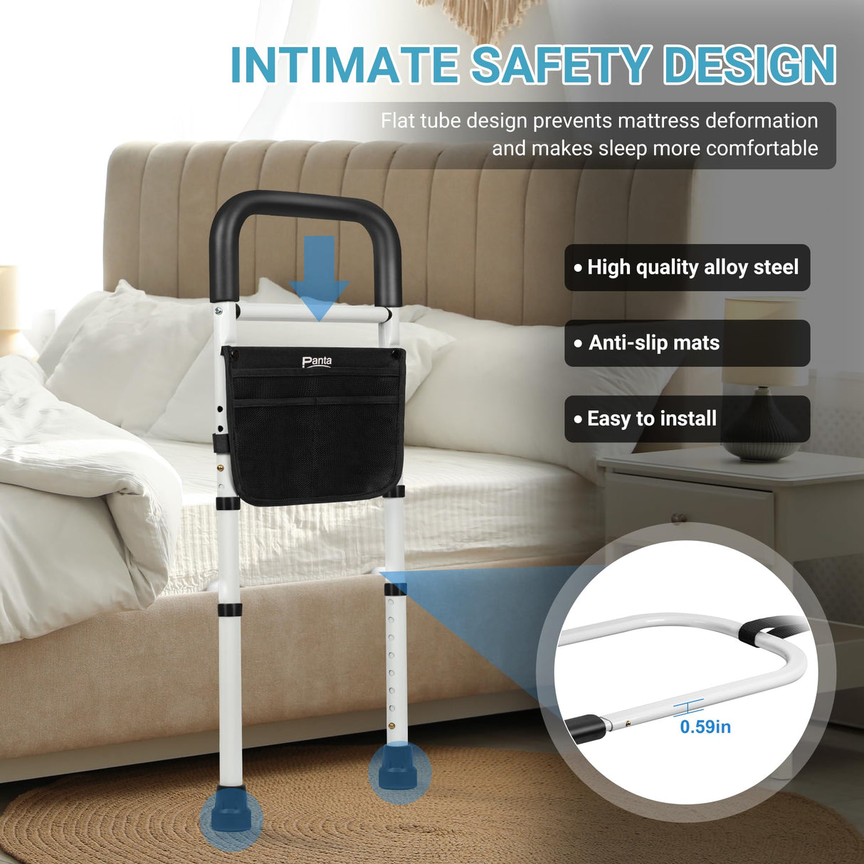 Bed Rails for Elderly Adults Safety, Adjustable Bed Assist Rails for Seniors, Bed Side Rails with Support Legs and Storage Pocket, Portable Bed Cane Fit King, Queen, Full, Twin Bed, Black