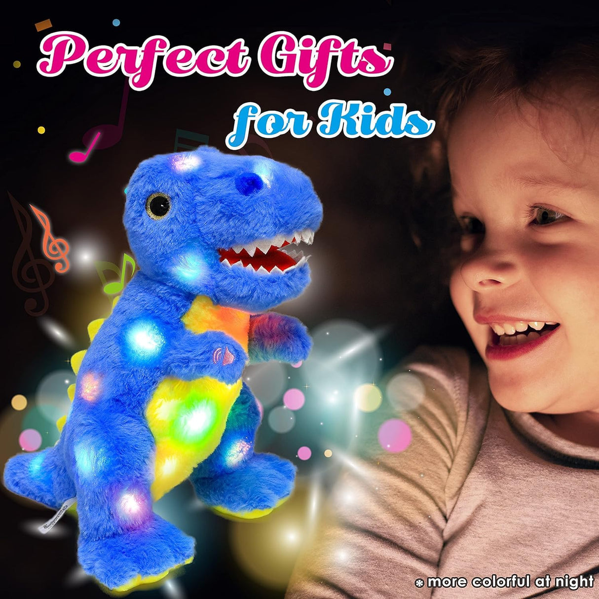 Cuteoy Light-up Singing Plush Blue Dinosaur LED Musical Stuffed Animal T-Rex Adjustable Volume Lullaby Plushies Birthday Christmas Toy Gifts for Kids Toddler Girls, 12"