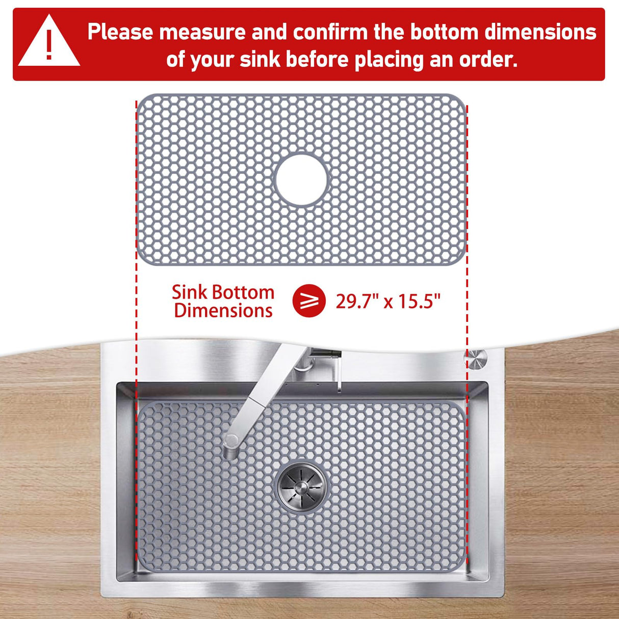 Bestjing Silicone Sink Protectors for Kitchen Sink with Center Drain - 29.7"x 15.5" Kitchen Protector Accessory, Non-Slip Heat Resistan Mat for Bottom of Farmhouse Stainless Steel Porcelain (Gray)