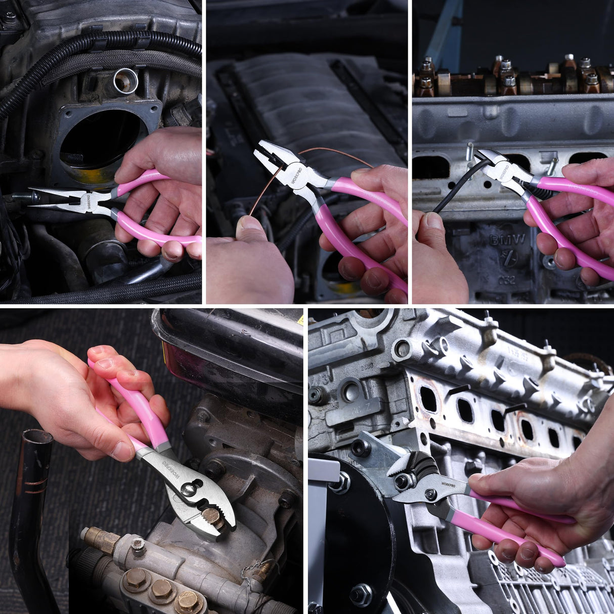 WORKPRO 7-piece Pliers Set with Groove Joint, Long Nose, Slip Joint, Linesman, and Diagonal Pliers for DIY & Home Use - Pink Ribbon
