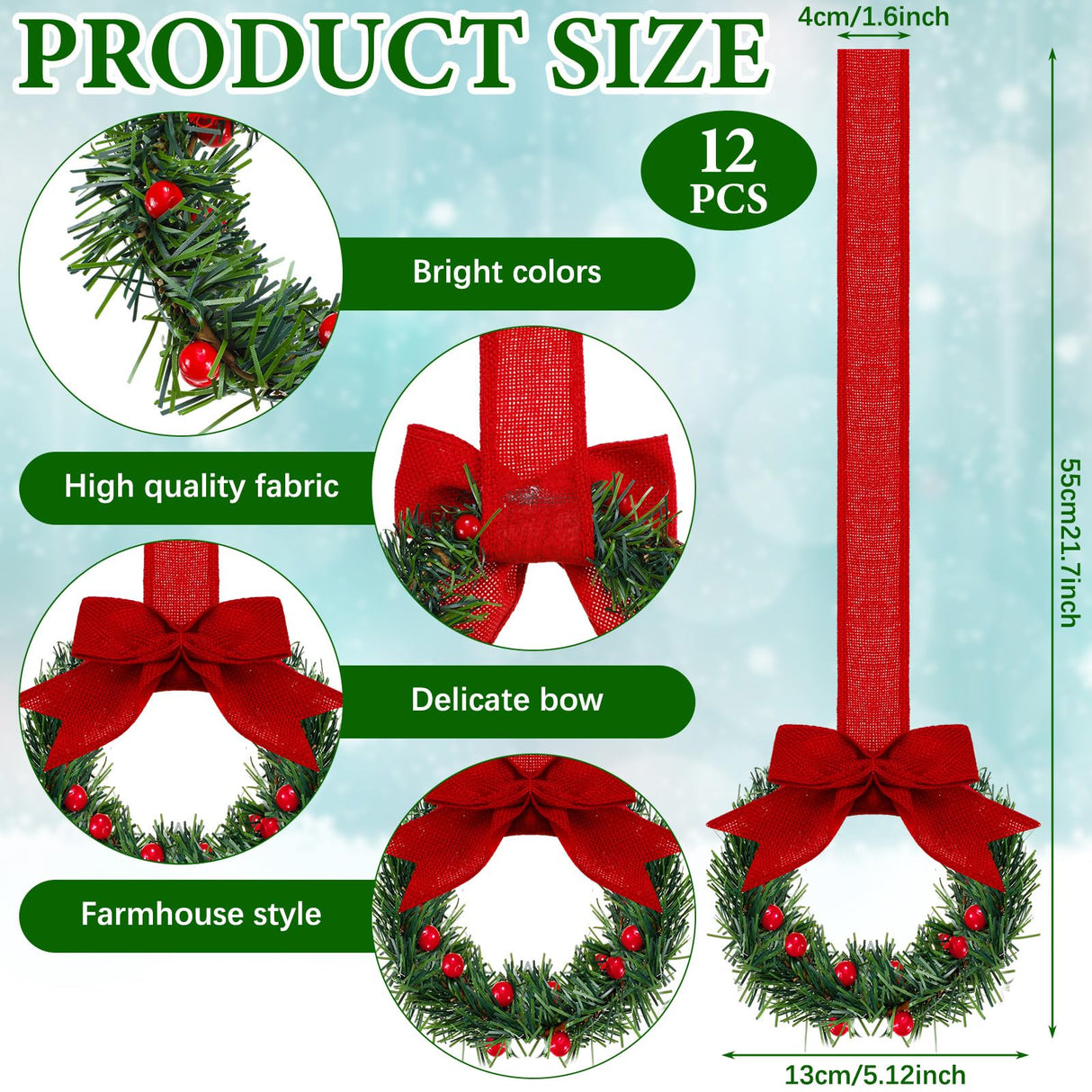 Retrowavy 12 Pcs Christmas Kitchen Cabinet Wreaths with Ribbon 3.94 Inch Mini Christmas Wreath Small Kitchen Xmas Decor for Window Door(Red,Classic Style)