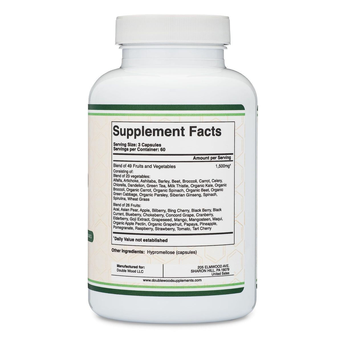 Fruits and Veggies Supplement (Daily Blend of 49 Different Fruits and Vegetables, 23 Veggies and 29 Fruits) 1,500mg Servings, 180 Capsules (No Fillers, Vegan Safe, Non-GMO) by Double Wood