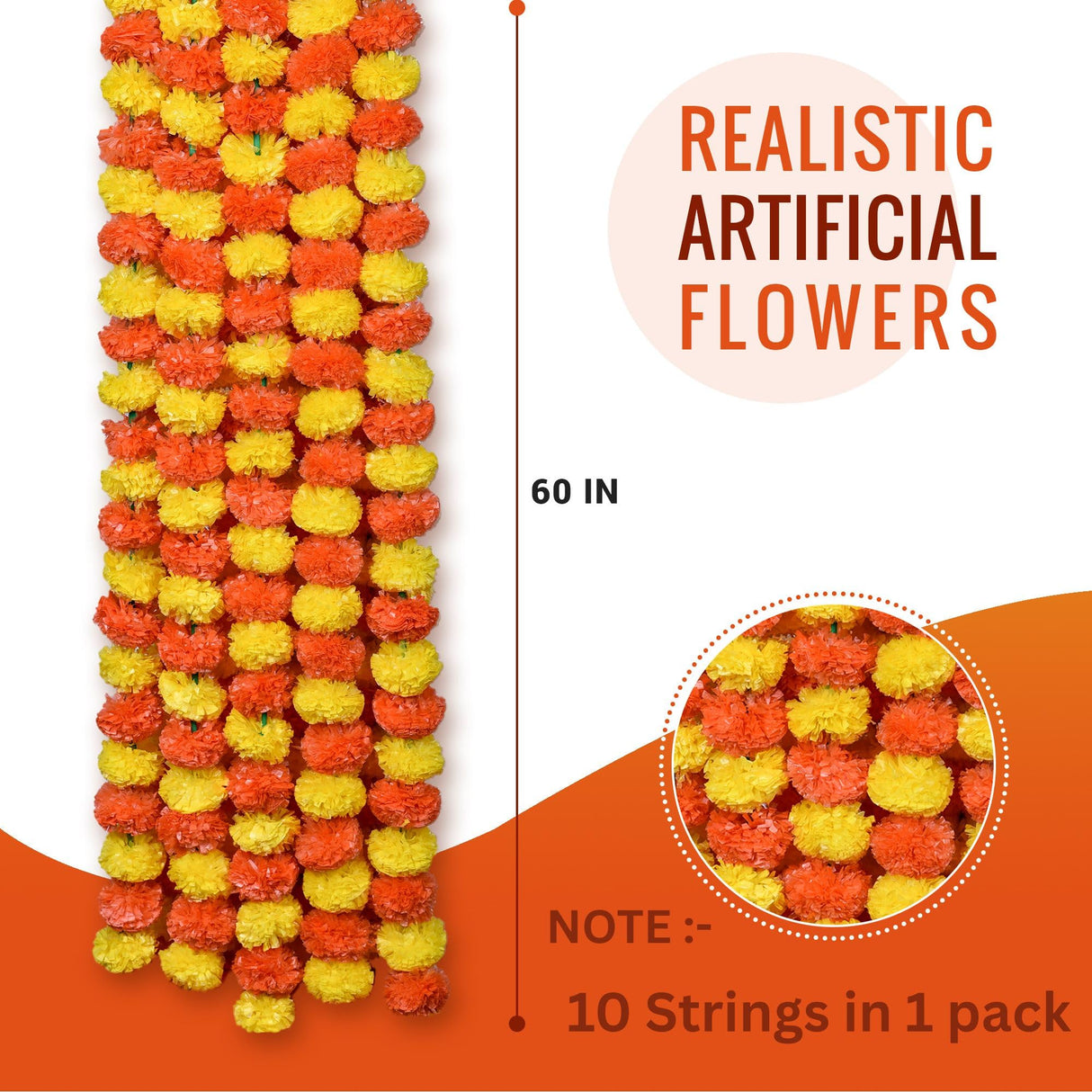 DIYANA IMPEX Marigold Garland for Decoration 10 Pcs of 5 feet Long Strands Artificial Marigold Flowers, Indian Décor for Pooja, Wedding Christmas, Events (Multi 10 pc)