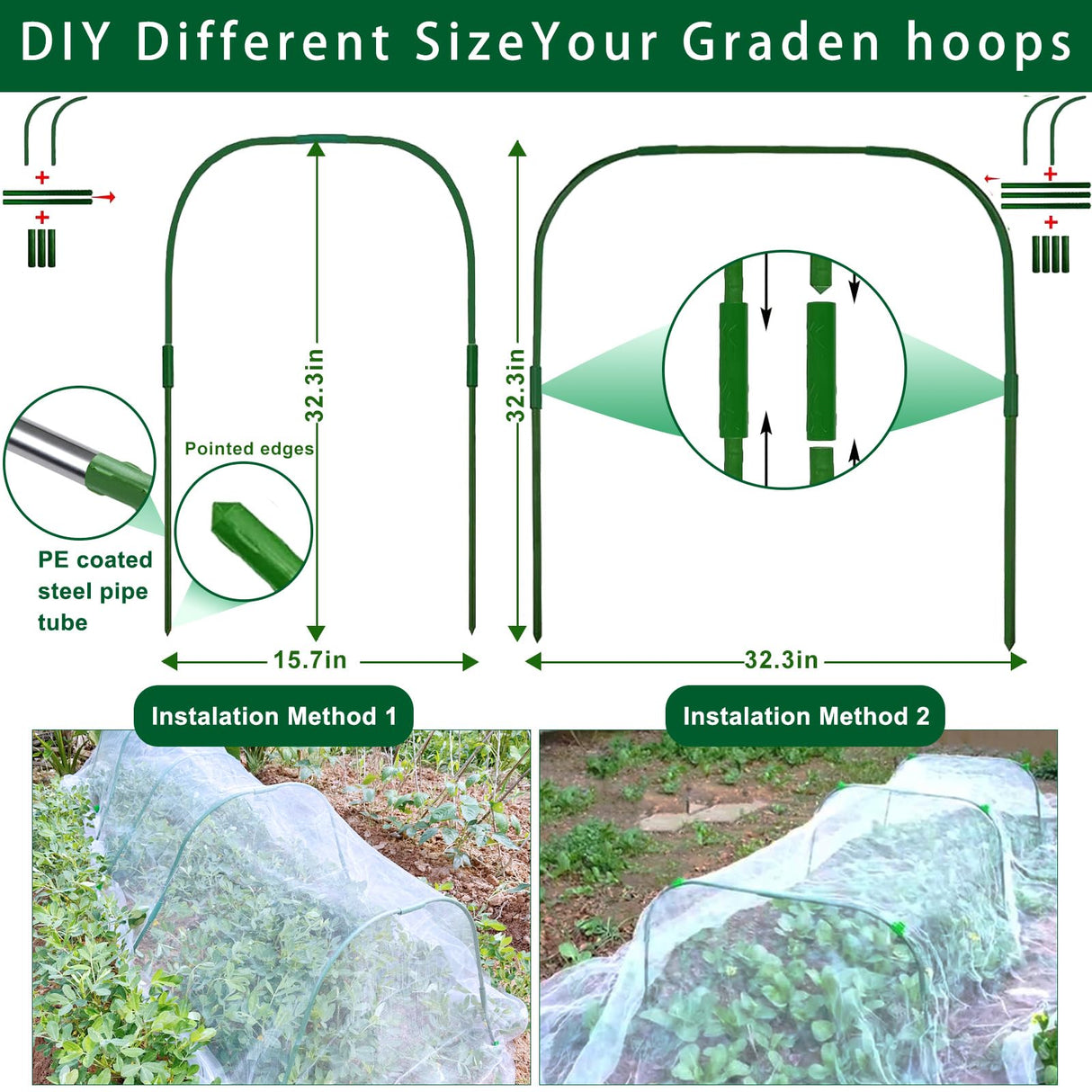 Garden Hoops for Raised beds, 10 Sets DIY Rust-Free Garden Tunnel 32.3"x 32.3" Greenhouse Hoops for Row Cover Garden Netting, Reuseable Plastic-Coated Steel Grow Tunnel Support Frame