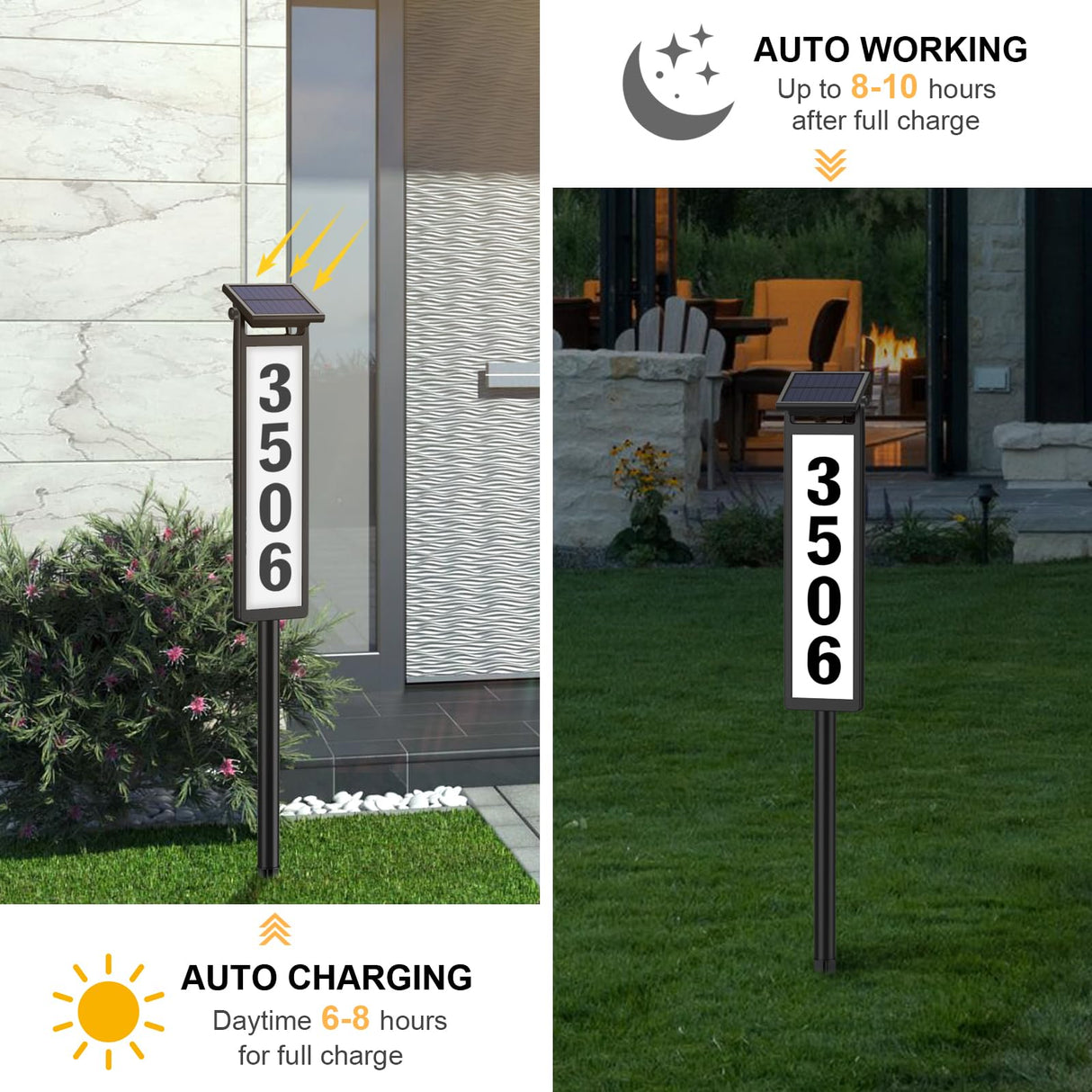 Eyrosa Solar Illuminated LED Lighted Address Sign, House Numbers for Outside Yard Home, Numbers Plaque Outdoor Waterproof, Black