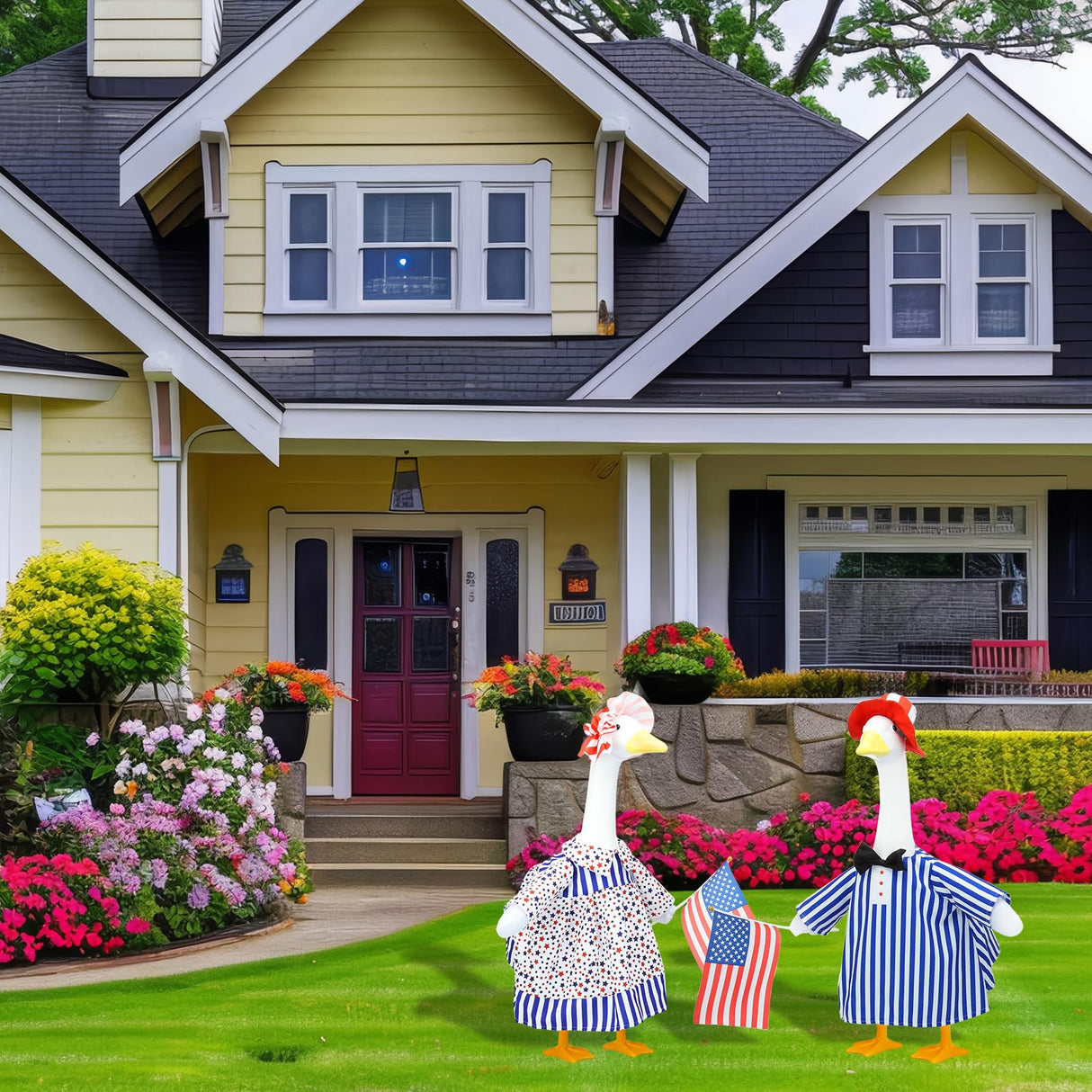 Hoemwarm 2 Set 4th of July Porch Goose Outfits 23" Patriotic Cement American Flag and Star Goose Clothes Costume Independence Day for Outdoor Patio Yard Decoration