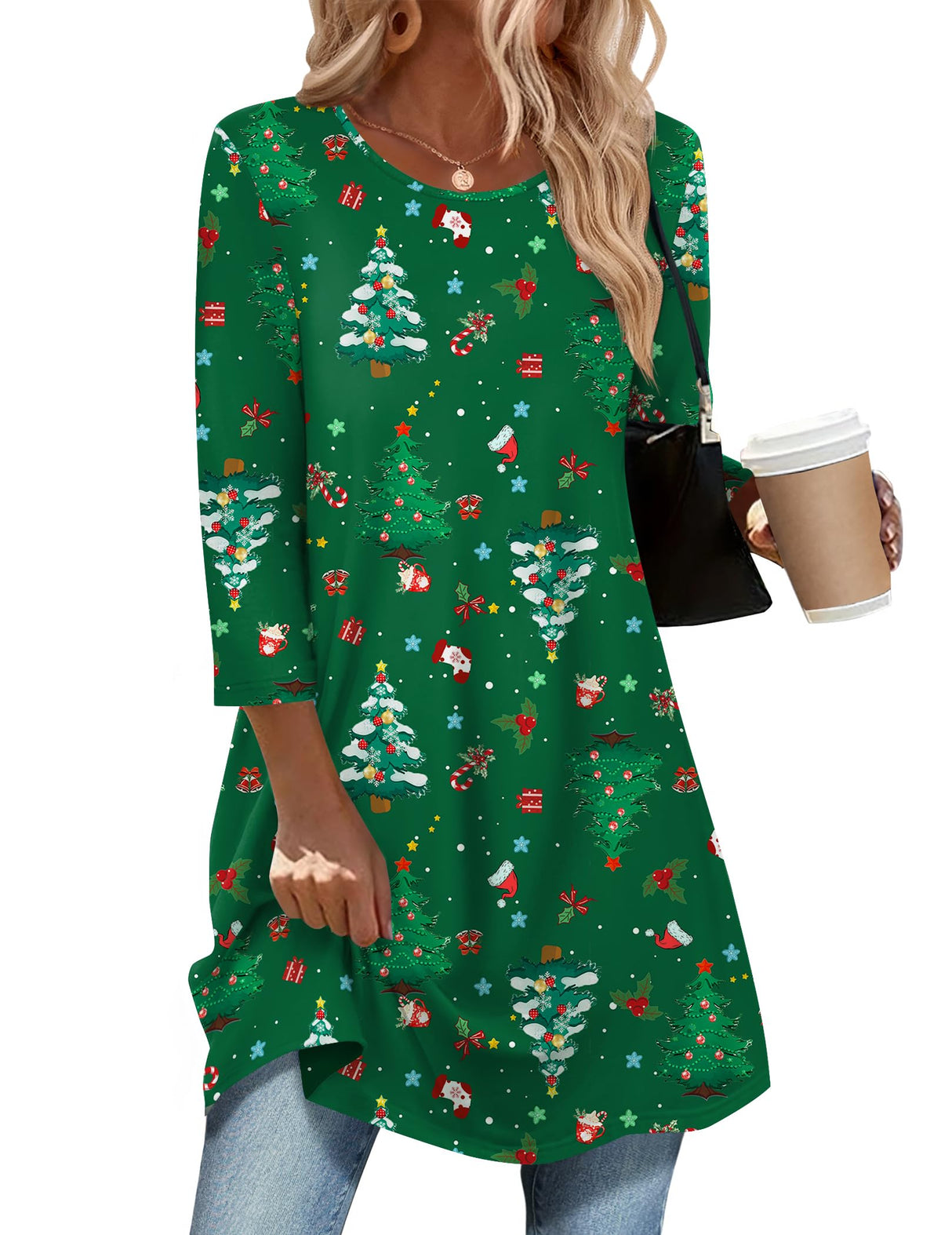 Zeagoo Women Tunic Tops 3/4 Sleeve Merry Christmas T Shirts Gift Blouse Tee Tops Plus Size Blouses to Wear with Leggings Swing Flare T-Shirt Loose