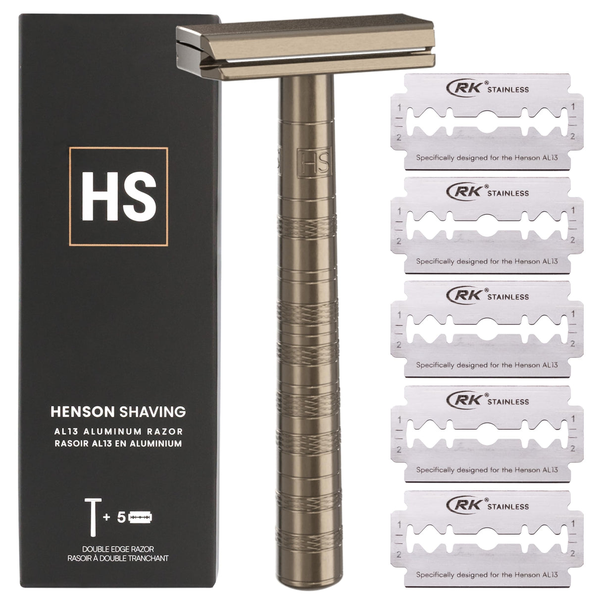 Henson Shaving Razor - Tan Double Edge Safety Razor with 5 Spare Blades - 30° Angled Precision With Superior Blade Rigidity- Reusable Single Blade Razors For Men and Women - Mild Aggression